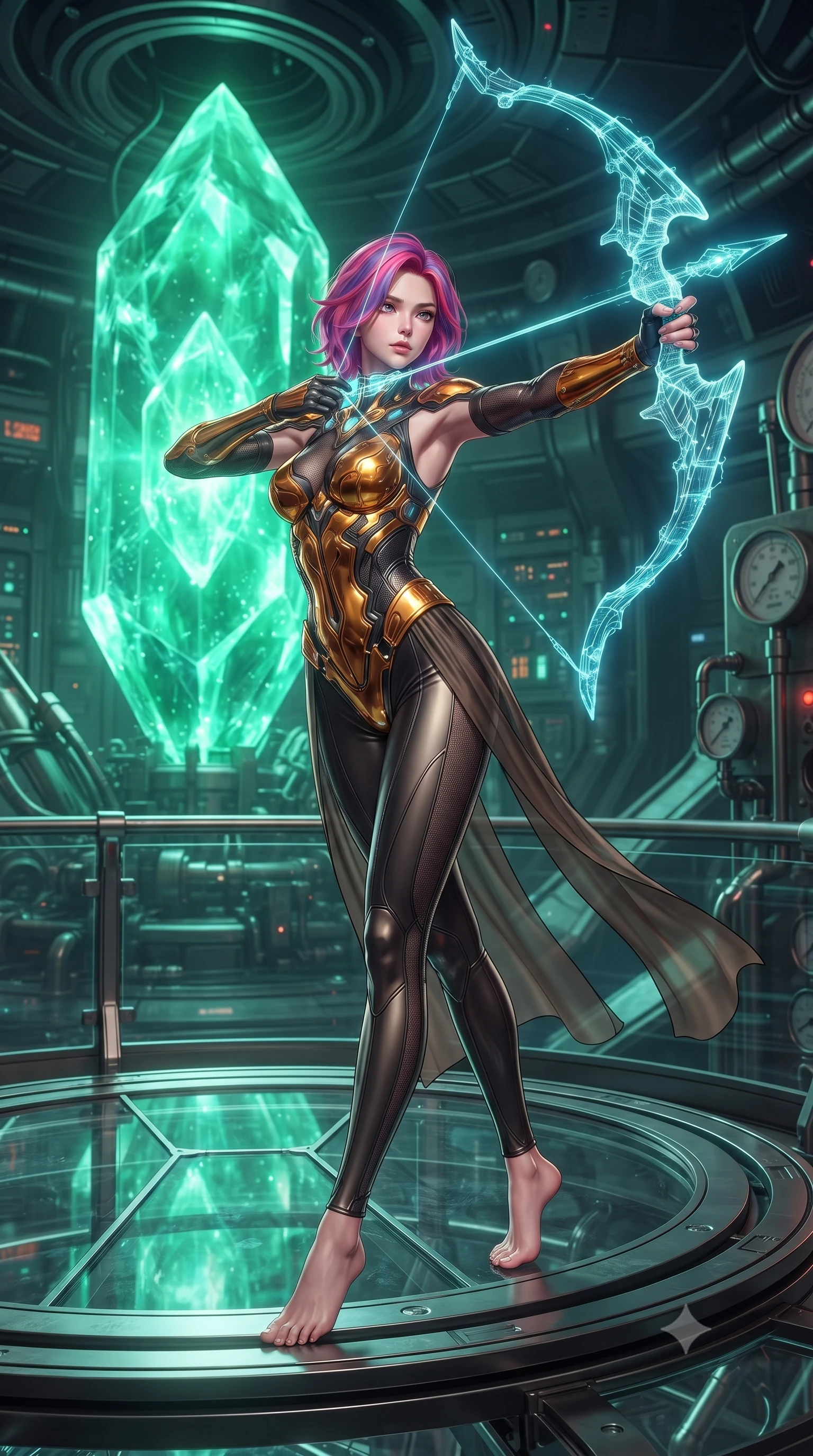 score_9, masterpiece, best quality, ultra-detailed, high-budget anime keyframe, editorial fashion photography, tasteful artistic composition, Caucasian woman. low angle full-body shot from head to toe showing her feet, filling the entire 9:16 vertical frame with her statuesque presence, stretching her vertical silhouette. arching her spine in a fluid zero-gravity combat turn with sovereign grace, her long slender legs and sculpted torso creating a sweeping line of power while standing poised on a circular platform before a colossal glowing emerald crystal reactor while drawing a holographic energy bow. The surrounding environment is rendered in vivid detail and crisp panoramic clarity. intricate carbon armor joint mesh, glass bridge reflections, and coolant pipe pressure gauges in high resolution. She has an absolutely perfect, statuesque 8.5-heads proportion, an exceptionally tall and slender model-like female figure with impossibly long slender legs, a toned flat midriff, and an ultra-slim waist. sharp v-shaped jawline, high-bridge nose, intricate jewel-like eyes with depth, thick eyelashes, glossy lips with a natural sheen, flawlessly proportioned anatomical accuracy, strict slender model proportions, natural body alignment, perfectly sculpted long slender limbs, ultra-slim waistline, clean dynamic posture without body distortion. wearing a sculpted molten-gold and dark carbon cuirass paired with high-mobility combat leggings and sheer side drapes, wielding a glowing plasma energy scythe with fluid grace in arctic white carbon composite with radiant solar gold plating, made of lightweight aerodynamic carbon-titanium alloy with polished edge bevels, featuring a sleek aerodynamic collar framed by subtle glowing cybernetic status LEDs, the sleek second-skin cut tightly hugging her graceful clavicle, narrow waist, and feminine curves with athletic precision. surrounded by a sacred, mystical, and breathtakingly powerful high-tech archer goddess atmosphere. ultra-reflective glossy finish, specular highlights, dark metallic sheen, high-contrast stereoscopic depth, volumetric dynamic lighting, 2k, ultra detail, master piece, 9:16 ratio