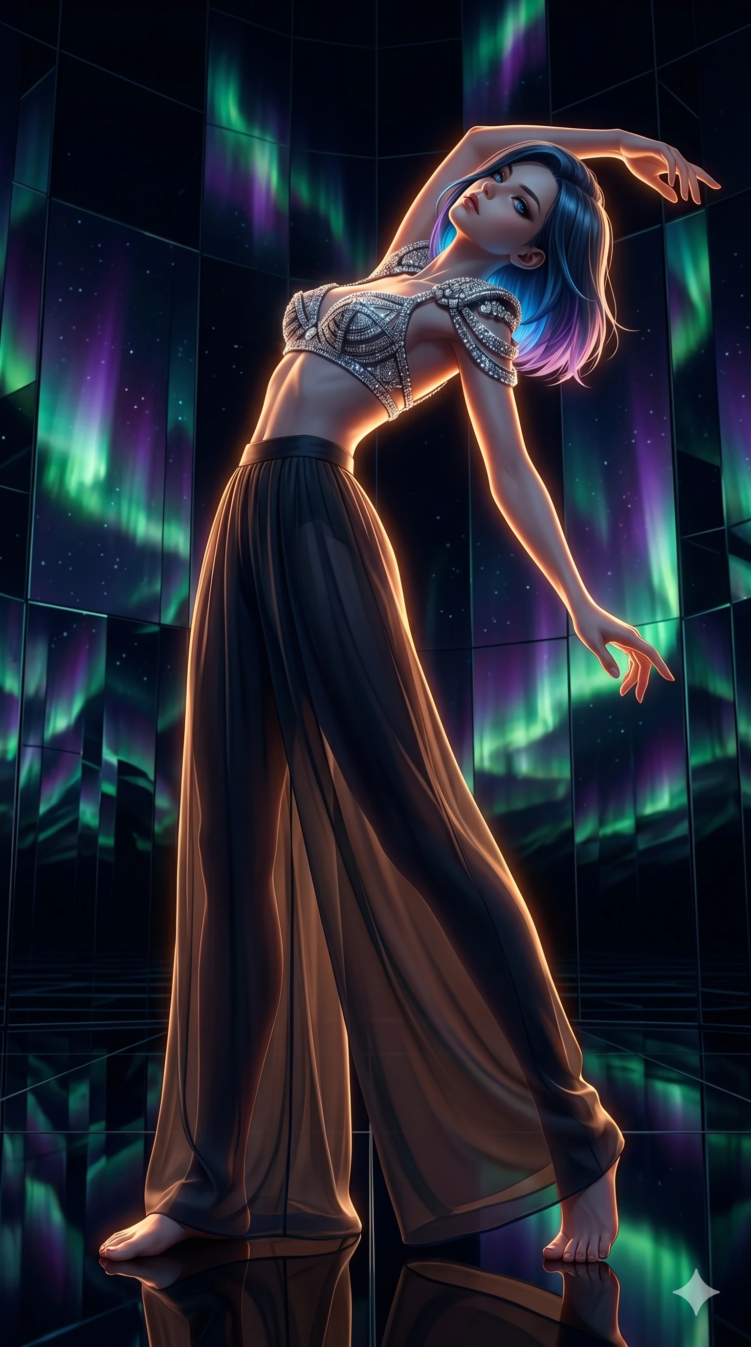 score_9, masterpiece, best quality, ultra-detailed, high-budget anime keyframe, editorial fashion photography, tasteful artistic composition, Caucasian woman, strictly human ears. low angle full-body shot from head to toe showing her feet, filling the entire 9:16 vertical frame with her statuesque presence, stretching her vertical silhouette. Arching her back in a graceful controlled backward pose inside an infinite obsidian mirror hall reflecting fractured aurora borealis patterns. She has an absolutely perfect 8-heads proportion, an exceptionally tall and slender female figure with impossibly long slender legs and an ultra-slim waist. V-shaped jawline, high-bridge nose, intricate jewel-like eyes with depth, thick eyelashes, glossy lips with a natural sheen. wearing a hand-embellished crystal bralette top with architectural structured cups covered in Swarovski crystal and bold shoulder hardware, paired with flowing wide-leg palazzo trousers in sheer over-liner chiffon. drenched in warm amber cinematic rim lighting that traces every contour of her silhouette against a dark background. 2k, ultra detail, master piece, 9:16 ratio