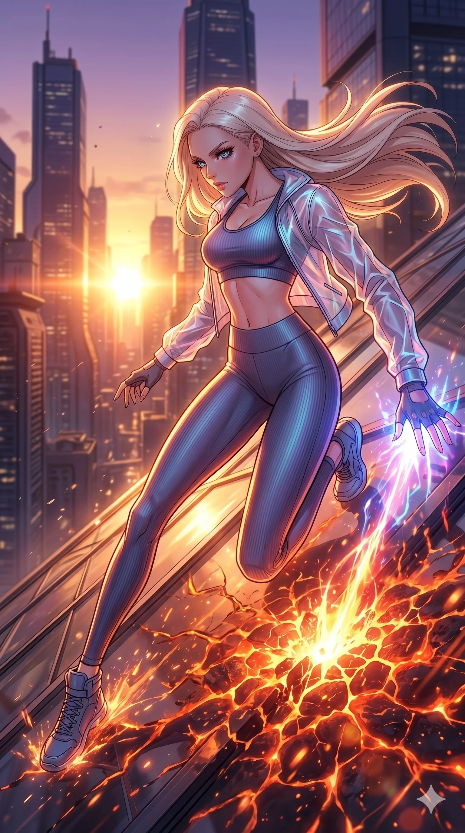 score_9, masterpiece, best quality, ultra-detailed, high-budget anime movie keyframe, cinematic anime lighting, intricate line art, Japanese anime girl. Dynamic full-body shot stretching the vertical silhouette with extreme perspective. casting a spell that turns the ground into a bed of glowing embers. She has an absolutely perfect 8-heads proportion, an exceptionally tall and slender female figure with an ultra-slim waist and impossibly long slender legs. strictly human anatomy, two legs only, no extra limbs, clearly defined legs and arms, perfect anatomy, perfect hands and fingers. sharp v-shaped jawline, high-bridge nose, intricate jewel-like eyes, thick eyelashes, glossy lips. Wearing Premium Athleisure: Ribbed sports bra and leggings set, sheer windbreaker, and sleek high-performance activewear. The scene is illuminated by dramatic atmospheric lighting and vibrant color palettes. , 2k, ultra detail, master piece, 9:16 ratio