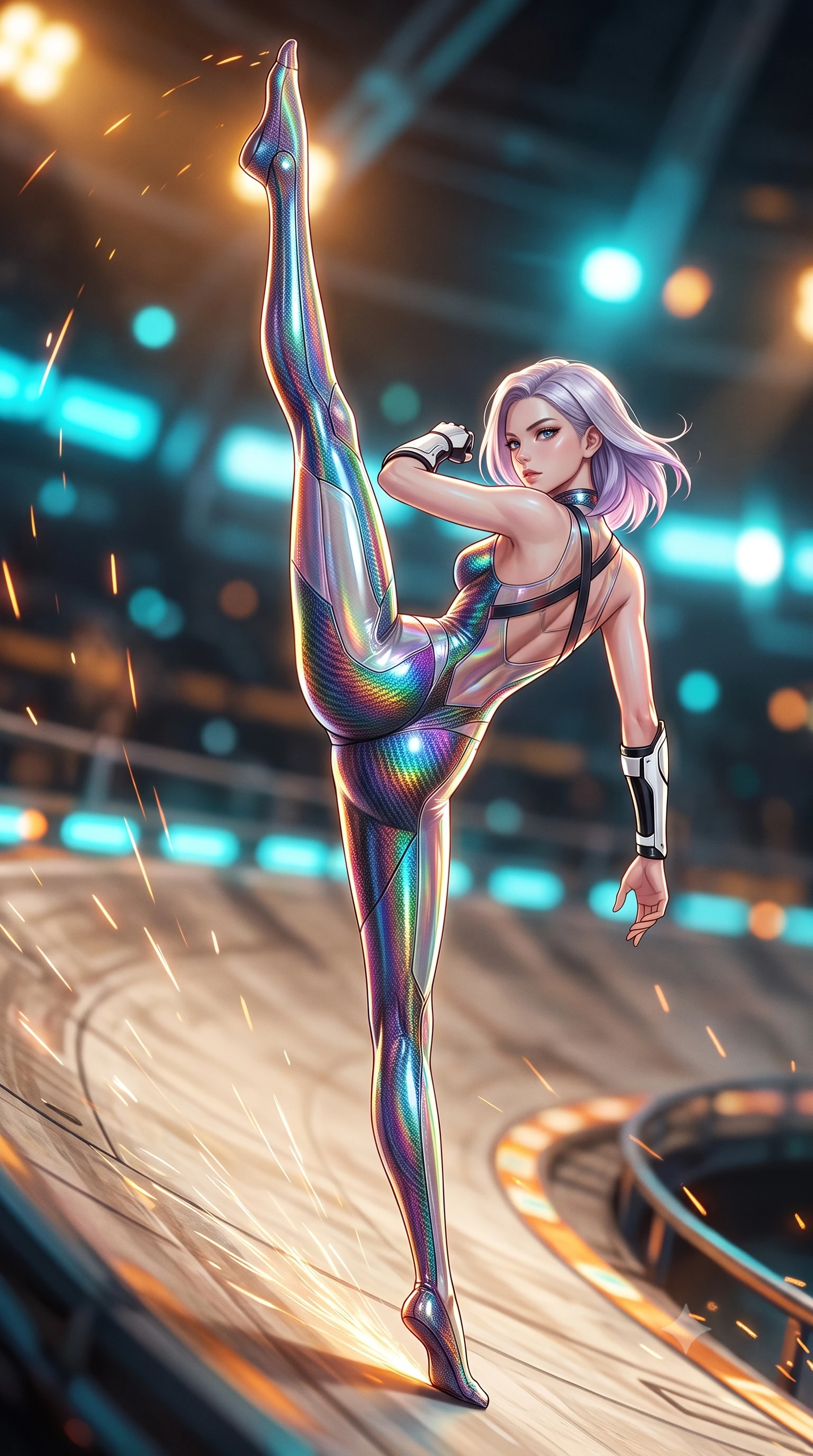 score_9, masterpiece, best quality, ultra-detailed, high-budget anime keyframe, semi-realistic 3D game render, editorial fashion photography, tasteful artistic composition, Caucasian woman. low angle full-body shot from head to toe showing her feet, filling the entire 9:16 vertical frame with her statuesque presence, stretching her vertical silhouette. executing a breathtaking zero-gravity high-kick with full 180-degree vertical extension, her impossibly long slender legs dominating the frame with razor-sharp poise while sliding along the banked track with effortless poise, her long slender legs extended in an agile low-profile drift. The composition keeps background elements in soft focus with creamy bokeh. massive industrial arena floodlights and streaking motorball sparks blurred into dazzling cyan, amber, and charcoal bokeh. She has an absolutely perfect, statuesque 8.5-heads proportion, an exceptionally tall and slender model-like female figure with impossibly long slender legs, a toned flat midriff, and an ultra-slim waist. sharp v-shaped jawline, high-bridge nose, intricate jewel-like eyes with depth, thick eyelashes, glossy lips with a natural sheen, flawlessly proportioned anatomical accuracy, strict slender model proportions, natural body alignment, perfectly sculpted long slender limbs, ultra-slim waistline, clean dynamic posture without body distortion. wearing a high-gloss iridescent rainbow carbon-weave bodysuit with translucent cybernetic panels and Damascus-steel forearm bracers in monochrome white enamel carbon with high-contrast black panels, formed from high-gloss patent carbon-plating with specular chiaroscuro reflections, complemented by criss-cross back harness straps highlighting her completely bare spine, the sleek second-skin cut tightly hugging her graceful clavicle, narrow waist, and feminine curves with athletic precision. bathed in vivid high-contrast amber and cyan arena floodlights with electric friction spark glints. rich saturated anime colors with glowing neon highlights, detailed shading with soft gradients, rich glossy textures, high-contrast stereoscopic depth, volumetric dynamic lighting, master piece, 9:16 ratio