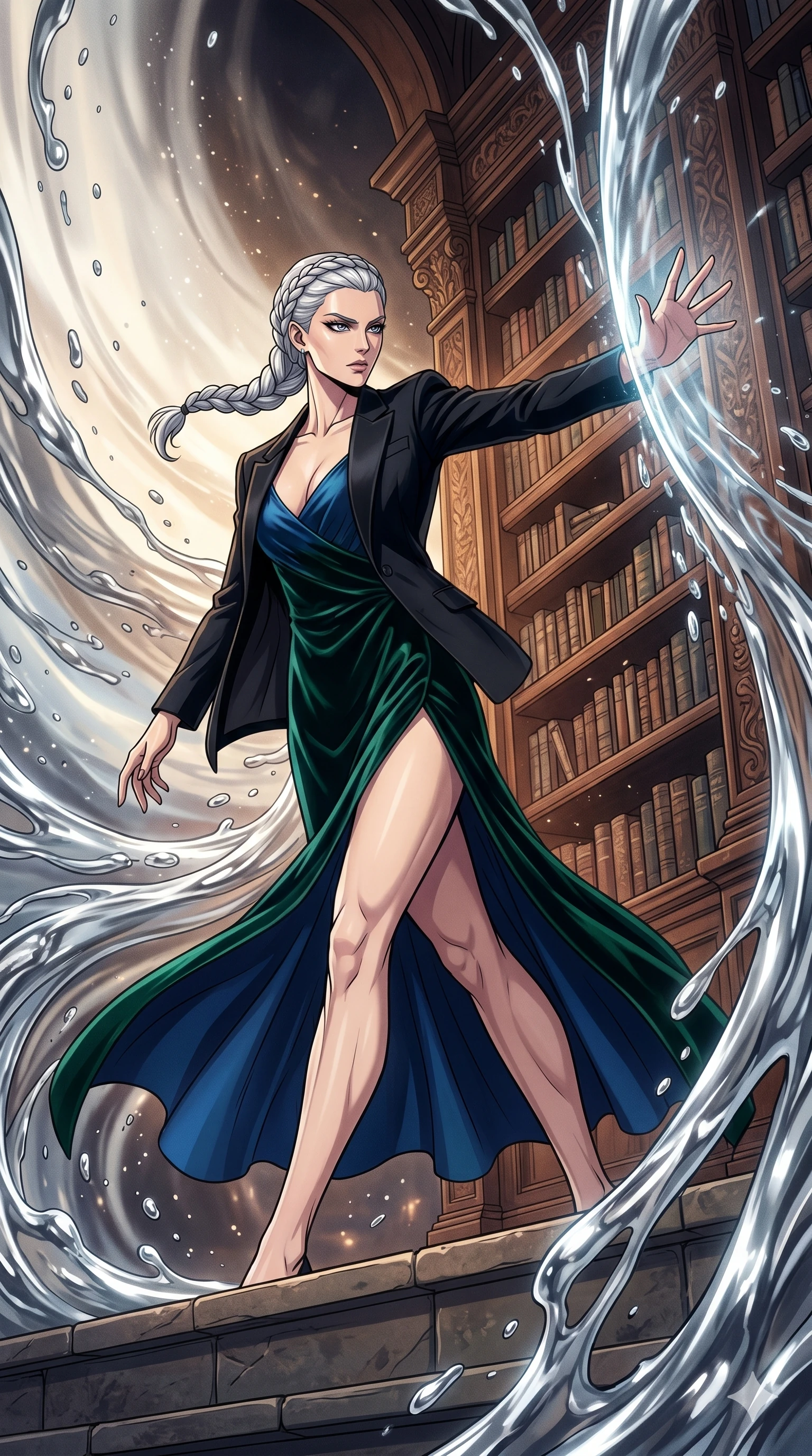 score_9, masterpiece, best quality, ultra-detailed, high-budget anime movie keyframe, cinematic anime lighting, intricate line art, Japanese anime girl. Low angle cowboy shot capturing a powerful motion and statuesque presence. shielding a library of books from a flood of liquid mercury. She has an absolutely perfect 8-heads proportion, an exceptionally tall and slender female figure with an ultra-slim waist and impossibly long slender legs. strictly human anatomy, two legs only, no extra limbs, clearly defined legs and arms, perfect anatomy, perfect hands and fingers. sharp v-shaped jawline, high-bridge nose, intricate jewel-like eyes, thick eyelashes, glossy lips. Wearing High-Fashion Editorial: Silk slip dress with high side slit, backless velvet gown, and structured blazer with nothing underneath. The scene is illuminated by dramatic atmospheric lighting and vibrant color palettes. , 2k, ultra detail, master piece, 9:16 ratio
