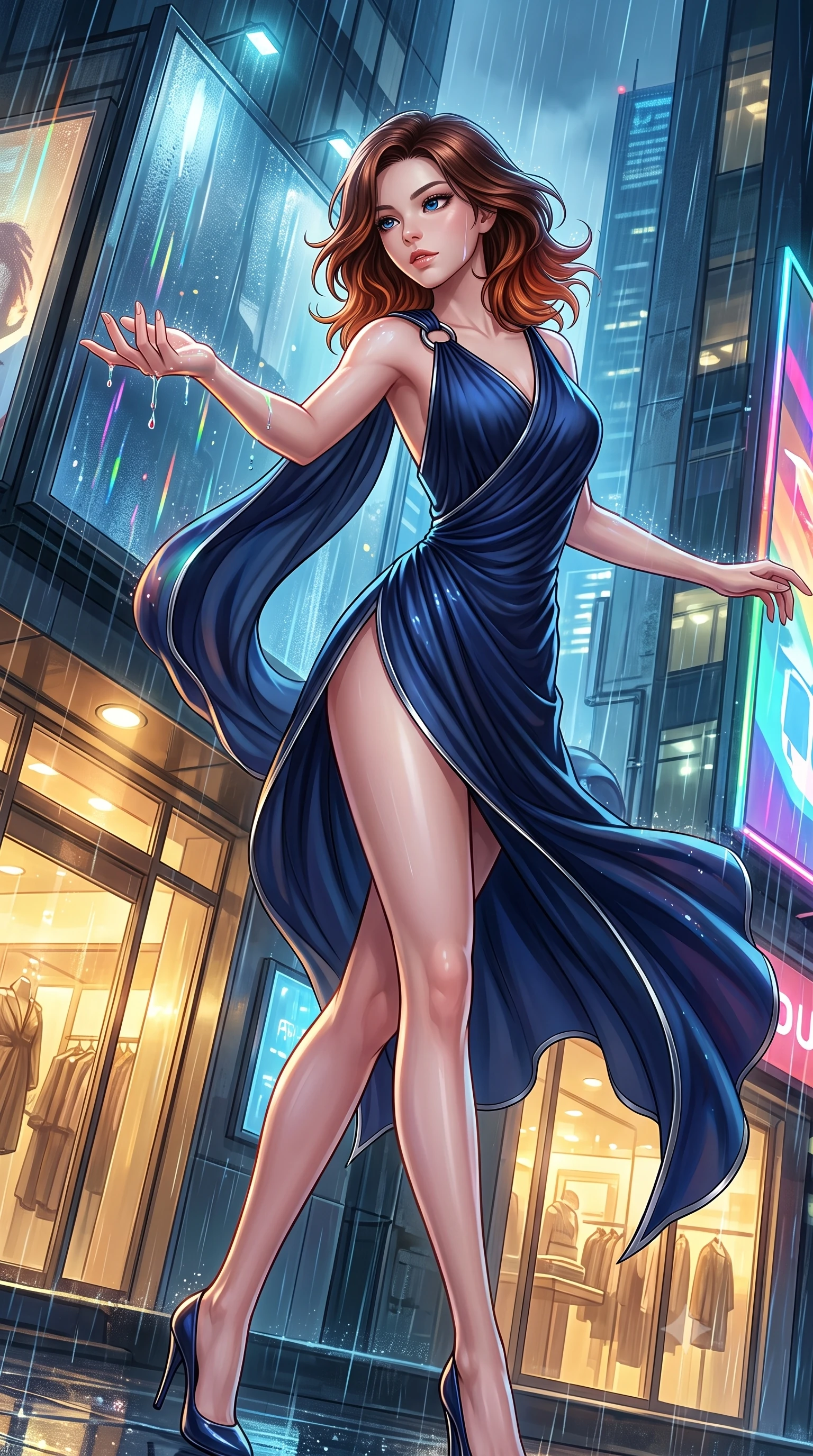 score_9, masterpiece, best quality, ultra-detailed, high-budget anime keyframe, editorial fashion photography, tasteful artistic composition, Korean woman. low angle full-body shot from head to toe showing her feet, filling the entire 9:16 vertical frame with her statuesque presence, stretching her vertical silhouette. performing an athletic mid-air rotation with flawless poise, her vertical silhouette beautifully stretched while reaching forward with one hand to catch rain droplets catching neon speculars, wet glass surfaces casting glossy specular highlights from surrounding billboards. She has an absolutely perfect, statuesque 8.5-heads proportion, an exceptionally tall and slender model-like female figure with impossibly long slender legs and an ultra-slim waist. sharp v-shaped jawline, high-bridge nose, intricate jewel-like eyes with depth, thick eyelashes, glossy lips with a natural sheen, flawlessly proportioned anatomical accuracy, natural body alignment, perfectly sculpted elegant limbs, clean dynamic posture without body distortion. wearing an asymmetrical Grecian draped chiffon gown with a metallic shoulder ring in midnight navy blue and chrome trim, crafted from lustrous satin jersey with fluid draping, featuring subtle geometric cutouts that highlight her ultra-slim midriff, the sleek second-skin texture accentuating her magnetic presence. illuminated by warm indoor golden light and cool rainy blue neon rim light. highly saturated vibrant anime colors, detailed shading with soft gradients, rich glossy textures, high-contrast stereoscopic depth, volumetric dynamic lighting, master piece, 9:16 ratio