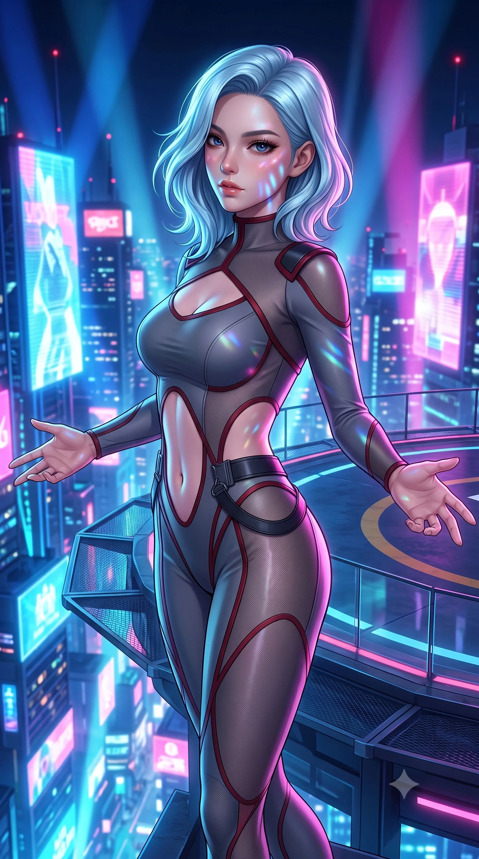 score_9, masterpiece, best quality, ultra-detailed, high-budget anime keyframe, semi-realistic 3D game render, editorial fashion photography, tasteful artistic composition, Korean woman. close-up cowboy shot from the waist and thighs up, the character dominates the composition, filling the frame with her large presence. turning over her shoulder with an indomitable, smoldering gaze, her soft hair framing her razor-sharp v-shaped jawline while standing poised on the edge of a rooftop helipad platform with arms outstretched, welcoming the pulsing techno basslines. The surrounding environment is rendered in vivid detail and crisp panoramic clarity. vibrant futuristic rave chiaroscuro and exhilarating high-altitude electronic nightlife in precision. She has an exceptionally elegant, slender, and willowy female figure with an ultra-slim waist, a gracefully sculpted slender torso, toned flat midriff, and a refined slim silhouette. sharp v-shaped jawline, high-bridge nose, intricate jewel-like eyes with depth, thick eyelashes, glossy lips with a natural sheen, captivating and magnetic expression, flawlessly proportioned anatomical accuracy, strict slender model proportions, natural body alignment, perfectly sculpted long slender limbs, ultra-slim waistline, clean dynamic posture without body distortion. wearing a sharp asymmetrical spy bodysuit with sheer contouring mesh panels, reinforced strike shoulders, and utility waist harness in storm grey and dark scarlet trim, made of high-mobility liquid jersey and semi-opaque reinforced mesh, accented with concealed lockpick wristbands and polished dark chrome hardware edition #30, the precision-cut daring openings accentuating her delicate midriff, graceful bare collarbones, and ultra-slim feminine waistline. bathed in flashing RGB strobe lights and glowing holographic billboard backlighting. highly saturated vibrant anime colors, detailed shading with soft gradients, rich glossy textures, high-contrast stereoscopic depth, volumetric dynamic lighting, master piece, 9:16 ratio