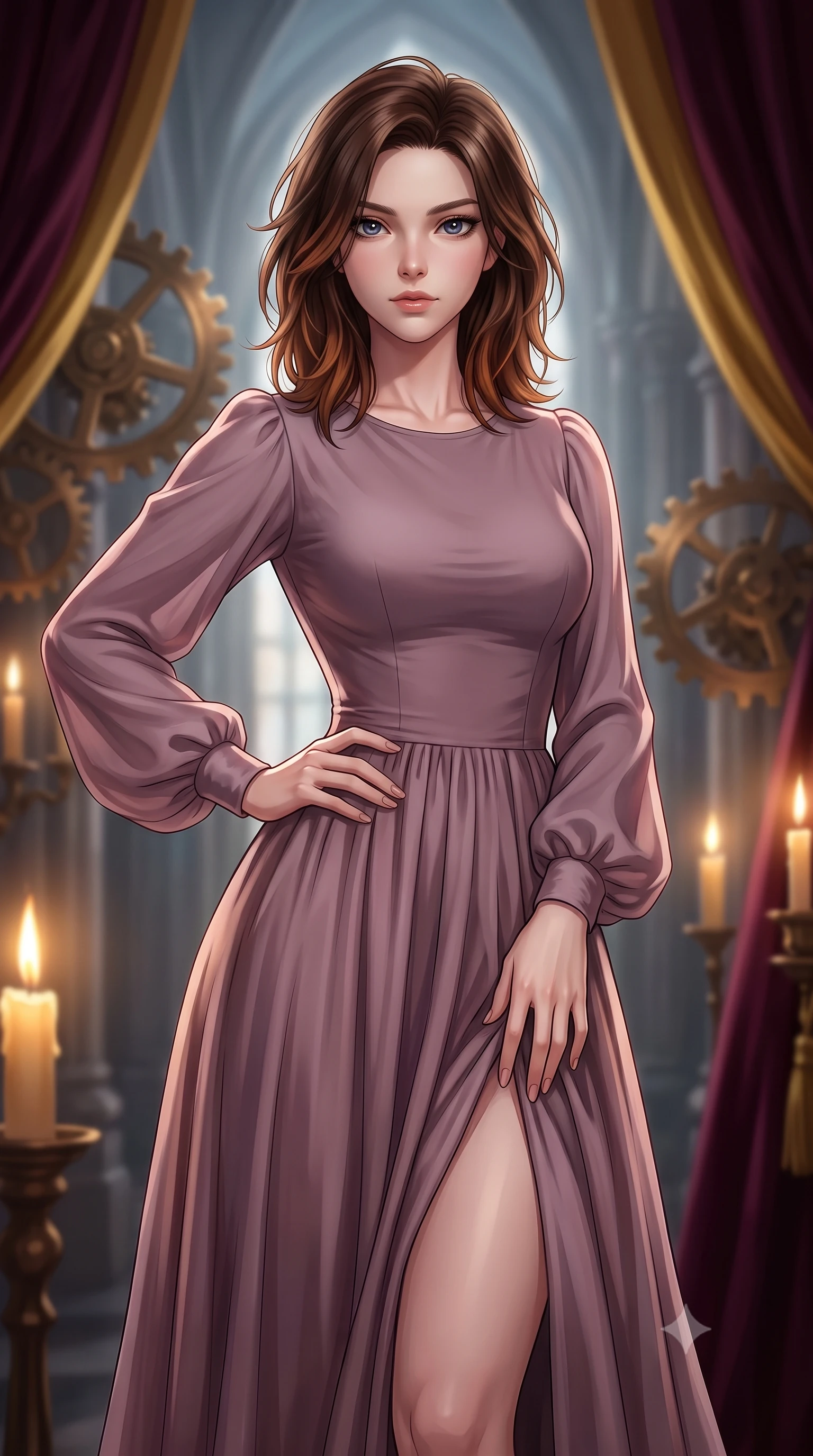 score_9, masterpiece, best quality, ultra-detailed, high-budget anime keyframe, editorial fashion photography, tasteful artistic composition, Korean woman woman. close-up cowboy shot from the waist and thighs up, the character dominates the composition, filling the frame with her large presence, background elements kept in soft focus. She has an exceptionally elegant, slender, and willowy female figure with an ultra-slim waist, a gracefully sculpted slender torso, and a refined silhouette. holding a confident power pose with one hand on her hip, looking directly into the camera with quiet self-assurance, flawlessly proportioned anatomical accuracy, natural body alignment, perfectly sculpted elegant limbs, clean dynamic posture without body distortion. set against a soft-focus background of a high space cathedral nave with rotating bronze gears and velvet drapes. wearing a serene dusty mauve chiffon maxi dress with long bishop sleeves. bathed in dramatic chiaroscuro key light with flickering golden candlelight. highly saturated vibrant anime colors, detailed shading with soft gradients, rich glossy textures, high-contrast stereoscopic depth, volumetric dynamic lighting, master piece, 9:16 ratio