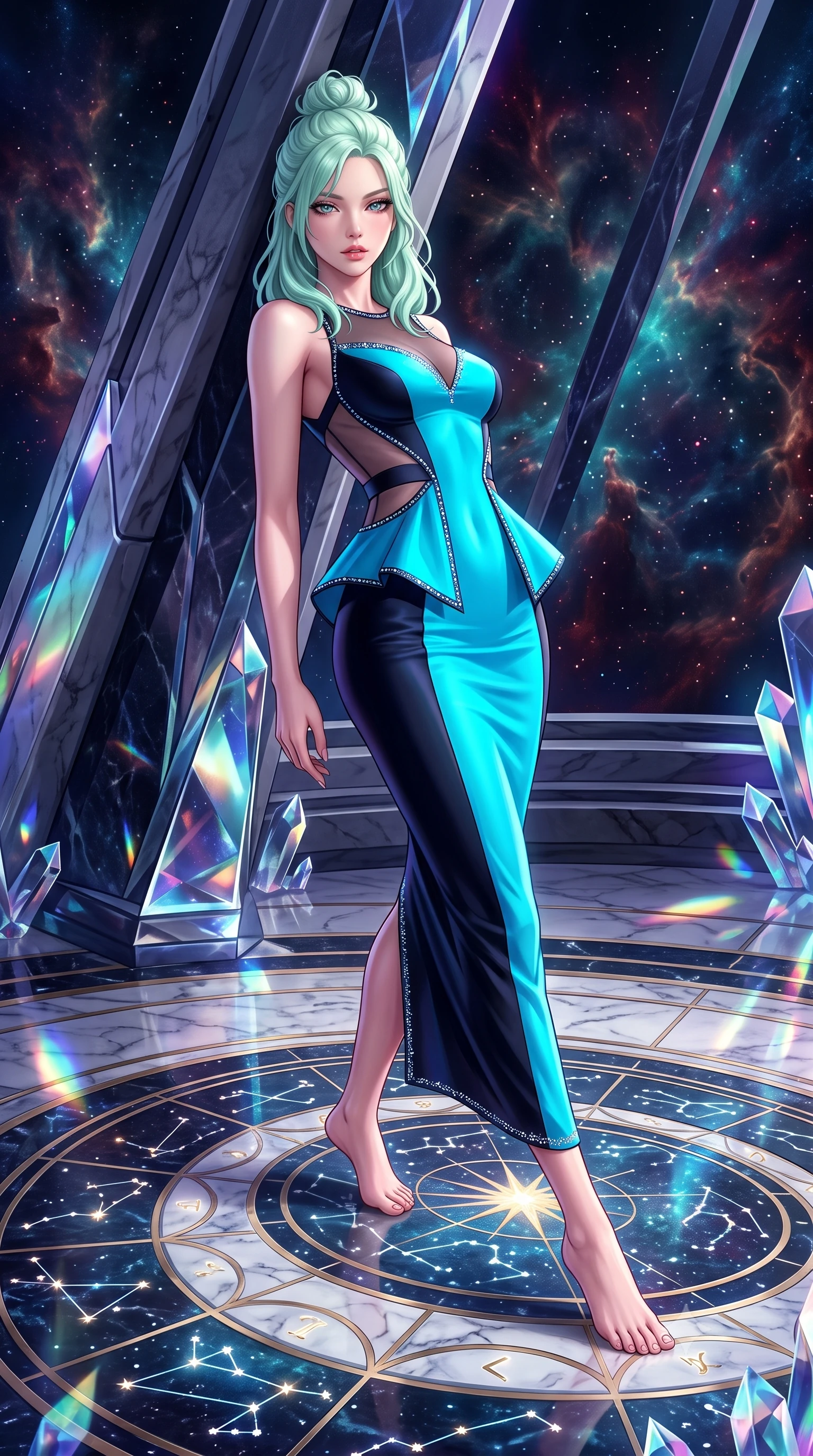 score_9, masterpiece, best quality, ultra-detailed, high-budget anime keyframe, semi-realistic 3D game render, editorial fashion photography, tasteful artistic composition, Japanese woman. low angle full-body shot from head to toe showing her feet, filling the entire 9:16 vertical frame with her statuesque presence, stretching her vertical silhouette. leaning deep against the structural architecture with hips cocked in an unapologetically bold, seductive high-fashion stance while striding across the illuminated marble star-chart floor, hips swaying with sovereign cosmic empress charisma. The surrounding environment is rendered in vivid detail and crisp panoramic clarity. detailed deep-space nebula filaments, crystal prism reflections, and marble floor inlay in high clarity. She has an absolutely perfect, statuesque 8.5-heads proportion, an exceptionally tall and slender model-like female figure with impossibly long slender legs, a toned flat midriff, an ultra-slim waist, and beautifully sculpted feminine hips. sharp v-shaped jawline, high-bridge nose, intricate jewel-like eyes with depth, thick eyelashes, glossy parted lips with a natural sheen, intensely captivating and seductive bedroom-eyes expression, flawlessly proportioned anatomical accuracy, strict slender model proportions, natural body alignment, perfectly sculpted long slender limbs, ultra-slim waistline, clean dynamic posture without body distortion. wearing a structural geometric peplum gown with sheer side-ribbon cutouts and form-fitting skirt in electric cyan and deep interstellar black, made of liquid silk jersey adhering flawlessly to her slender build, featuring delicate starlight crystal embroidery along the neckline and hem, the second-skin form-contouring cut accentuating her sculpted flat midriff, narrow waistline, and dramatically curvy hips without adding bulk. surrounded by a celestial, immortal, and deeply hypnotic cosmos sovereign aura. highly saturated vibrant anime colors, detailed shading with soft gradients, rich glossy textures, high-contrast stereoscopic depth, volumetric dynamic lighting, master piece, 9:16 ratio