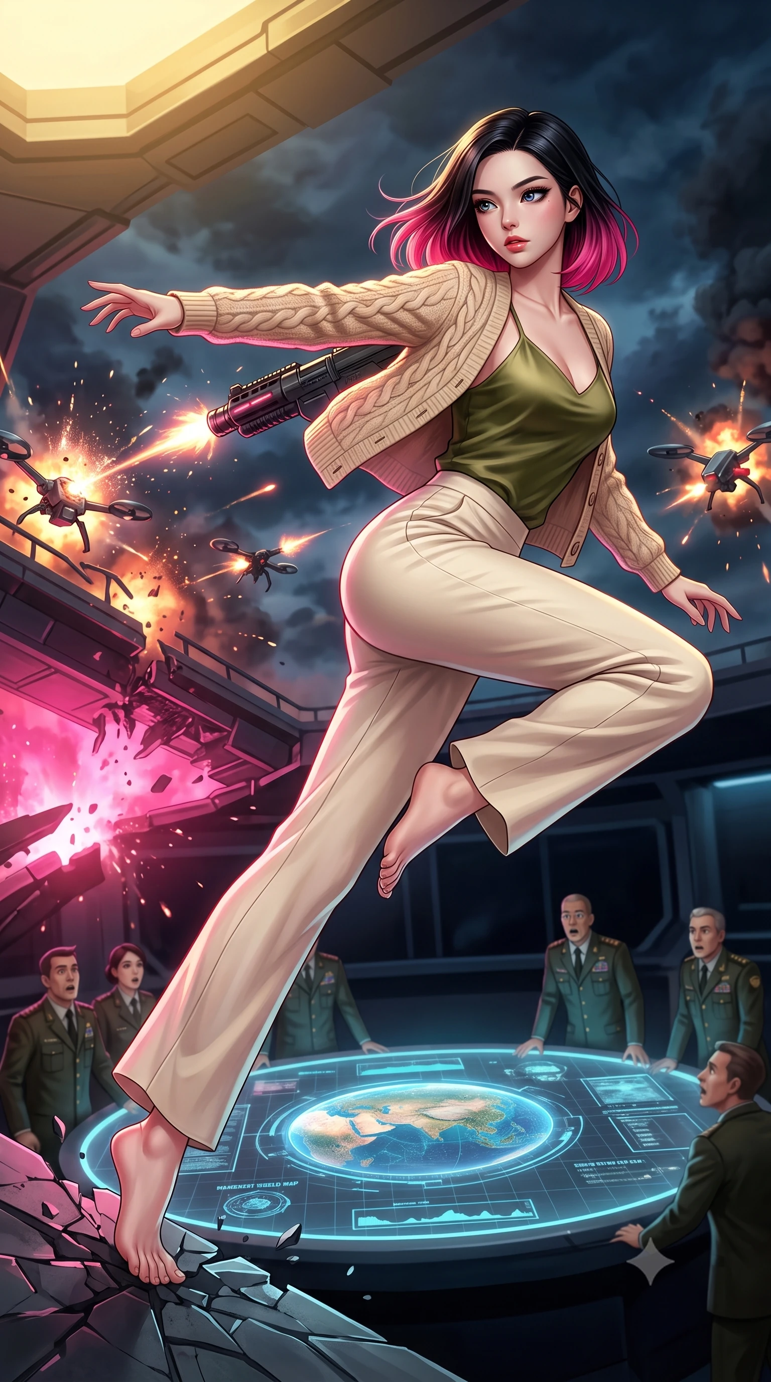 score_9, masterpiece, best quality, ultra-detailed, high-budget anime keyframe, editorial fashion photography, tasteful artistic composition, Korean woman. low angle full-body shot from head to toe showing her feet, filling the entire 9:16 vertical frame with her statuesque presence, stretching her vertical silhouette. leaping dynamically off a collapsing sky-bridge while firing back at security drones through a dark room with a large holographic table showing a planetary shield map, military officers in soft focus around the edge. She has a statuesque 8.5-heads proportion, an exceptionally tall, slender and willowy model-like build with impossibly long legs and a highly sculpted ultra-slim waist. sharp v-shaped jawline, high-bridge nose, intricate jewel-like eyes with depth, thick eyelashes, glossy lips with a natural sheen. wearing catching and diffusing the glowing particles, shimmering softly in response to the surrounding light, a slim-fit cozy beige cable-knit cardigan over an olive green silk slip top and cream-colored wide-leg pants. highly saturated vibrant anime colors, intense vivid color palette, soft 3D volumetric shading, volumetric dynamic lighting, dramatic contrast of hot pink furnace glow from below and cool golden light from above. 2k, ultra detail, master piece, 9:16 ratio