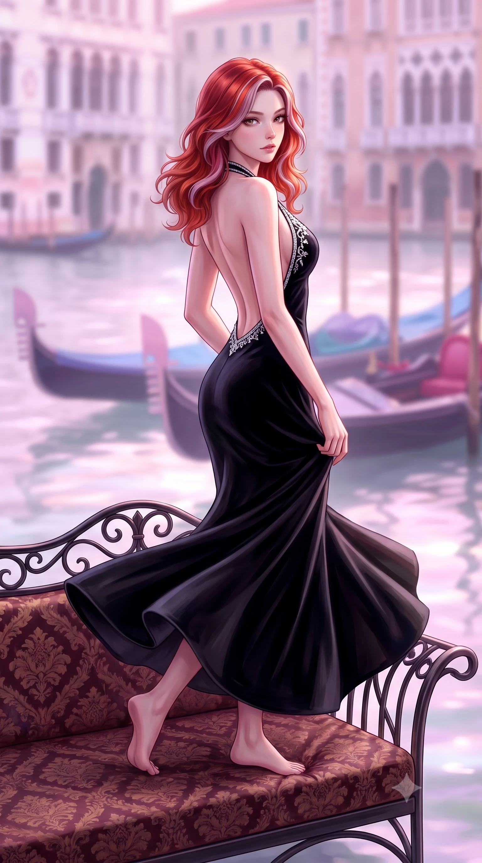 score_9, masterpiece, best quality, ultra-detailed, high-budget anime keyframe, semi-realistic 3D game render, editorial fashion photography, tasteful artistic composition, Caucasian woman. low angle full-body shot from head to toe showing her feet, filling the entire 9:16 vertical frame with her statuesque presence, stretching her vertical silhouette. executing an elegant mid-motion pivot turn as garments swirl around her slender limbs, glancing over her shoulder with an intoxicating bedroom-gaze while lounging languidly across a damask-upholstered wrought-iron settee, her flat midriff and feminine hips bathed in soft Venetian dawn light. The composition keeps background elements in soft focus with creamy bokeh. gliding antique wooden gondolas and historic Venetian palazzo facades blurred into soft rose, lavender, and aquamarine bokeh. She has an exceptionally tall and slender model-like 8.5-heads proportion, an ultra-slim waist, a flat toned midriff, narrow delicate ribcage, and beautifully sculpted feminine hips creating a graceful, slim hourglass silhouette without any bulky heaviness, with impossibly long slender legs. sharp v-shaped jawline, high-bridge nose, intricate jewel-like eyes with depth, thick eyelashes, glossy parted lips with a natural sheen, intensely captivating and seductive bedroom-eyes expression, flawlessly proportioned anatomical accuracy, strict slender model proportions, natural body alignment, perfectly sculpted long slender limbs, ultra-slim waistline, clean dynamic posture without body distortion. wearing a plunging halter-neck metallic lamé column dress with a dramatic bare spine and hip-defining ruching in pitch-black velvet with diamond crystal trim, formed from supple second-skin lambskin leather with specular sheen, finished with delicate crystal frost embroidery tracing the plunging neckline, the liquid-tight tailored fabric clinging flawlessly to her narrow waist and rounded feminine hips, emphasizing every millimeter of her sculpted slim hourglass curves without any bulky heaviness. bathed in luminous pastel dawn pink and violet light reflecting off misty canal waters. highly saturated vibrant anime colors, detailed shading with soft gradients, rich glossy textures, high-contrast stereoscopic depth, volumetric dynamic lighting, master piece, 9:16 ratio