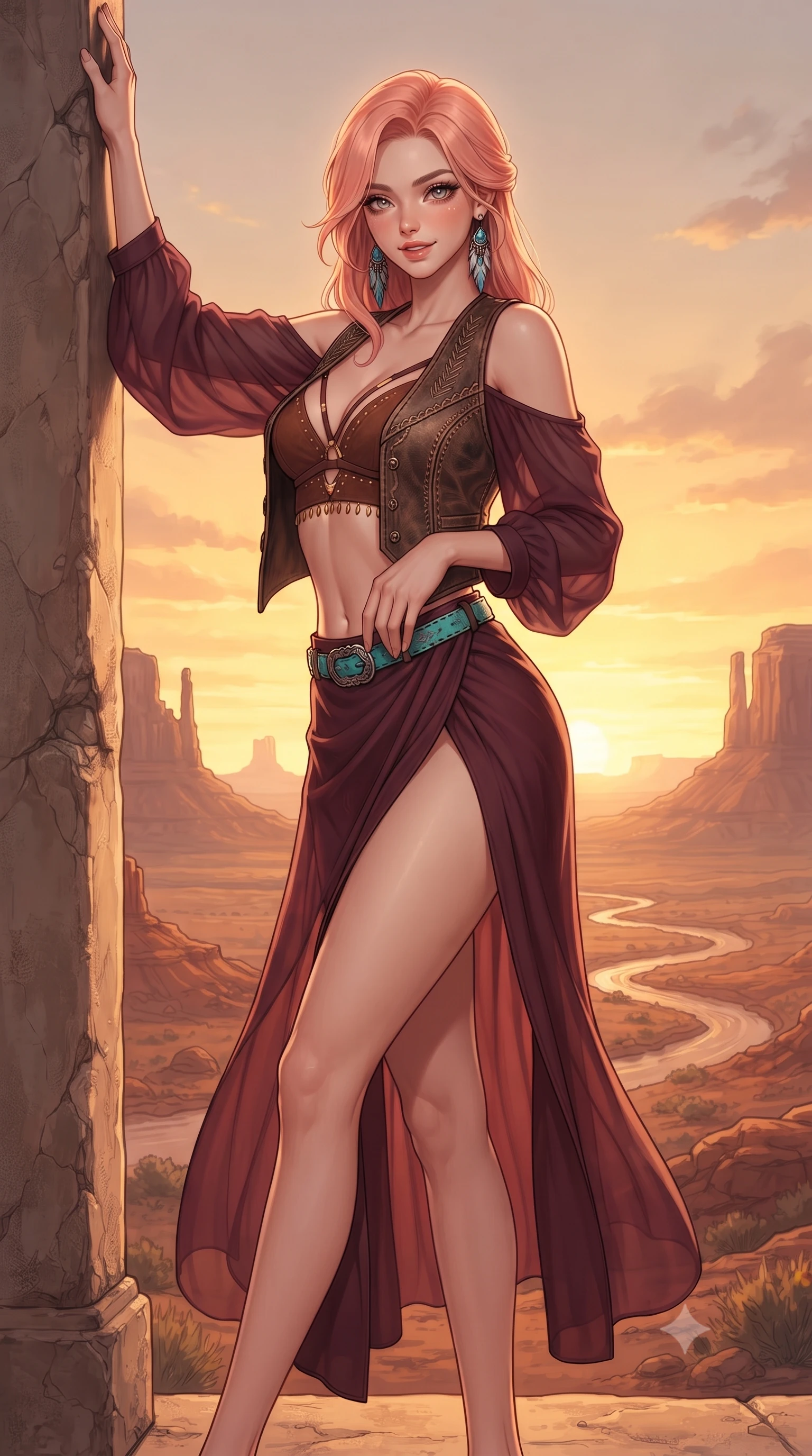 score_9, masterpiece, best quality, ultra-detailed, high-budget anime keyframe, editorial fashion photography, tasteful artistic composition, Japanese woman. low angle full-body shot from head to toe showing her feet, filling the entire 9:16 vertical frame with her statuesque presence, stretching her vertical silhouette. standing tall beside the architectural column, one hand resting high while arching her lower back to emphasize her sculpted feminine hips and slender waist while twisting her slender torso in an alluring S-curve, blazing desert sunset rays outlining her form-fitting outfit and curvy hips. The surrounding environment is rendered in vivid detail and crisp panoramic clarity: detailed distressed leather vest stitching, turquoise belt buckle relief, and iconic Arizona geological formations in razor-sharp precision. She has an absolutely perfect, statuesque 8.5-heads proportion, an exceptionally tall and slender model-like female figure with impossibly long slender legs, an ultra-slim waist, a flat toned midriff, narrow delicate ribcage, and beautifully sculpted feminine hips creating a graceful, slim hourglass silhouette without any bulky heaviness. sharp v-shaped jawline, high-bridge nose, sparkling eyes with hypnotic seductive depth, thick curled eyelashes, glossy parted lips with a natural dewy peach sheen, alluring bedroom-eyes with an enchanting coquettish smile, exuding magnetic siren charisma and sophisticated glamour, flawlessly proportioned anatomical accuracy, strict slender model proportions, natural body alignment, perfectly sculpted long slender limbs, ultra-slim waistline, clean dynamic posture without body distortion. wearing a delicate sheer chiffon western duster robe slipping off bare shoulders over a matching strappy suede bralette in smoky bordeaux wine and gilded copper, made of semi-opaque stretch illusion mesh with soft shadowy contours, accented with turquoise and silver bohemian feather earrings swaying near her bare neck, the high-slit wrap tailoring accentuating her ultra-slim waistline and the enchanting curve of her feminine hips with alluring seductive charm. bathed in intense blazing sunset light washing horizontally across the desert valley floor. ultra-reflective glossy finish, specular highlights, rich textural contrasts, high-contrast stereoscopic depth, volumetric dynamic lighting, 2k, ultra detail, master piece, 9:16 ratio