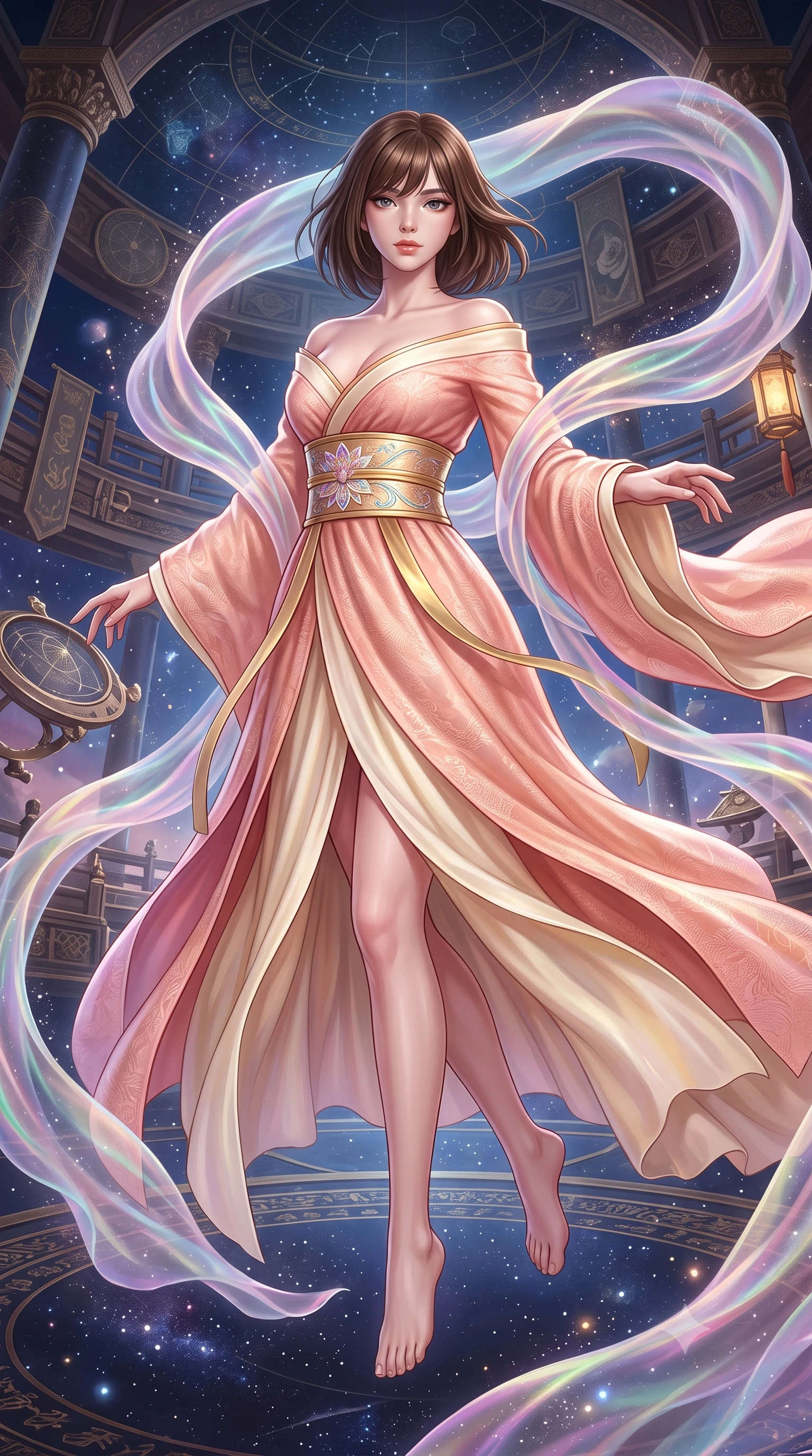 score_9, masterpiece, best quality, ultra-detailed, high-budget anime keyframe, semi-realistic 3D game render, editorial fashion photography, tasteful artistic composition, Korean woman. low angle full-body shot from head to toe showing her feet, filling the entire 9:16 vertical frame with her statuesque presence, stretching her vertical silhouette. stepping forward gracefully in mid-motion, displaying her toned flat midriff and flawlessly sculpted slender limbs while executing a slow zero-gravity spiral turn as iridescent organza drapes swirl around her statuesque silhouette. The surrounding environment is rendered in vivid detail and crisp panoramic clarity. transcendent zero-gravity chiaroscuro and cosmic oriental palace aesthetics captured with precision. She has an absolutely perfect, statuesque 8.5-heads proportion, an exceptionally tall and slender model-like female figure with impossibly long slender legs, a toned flat midriff, and an ultra-slim waist. sharp v-shaped jawline, high-bridge nose, intricate jewel-like eyes with depth, thick eyelashes, glossy lips with a natural sheen, captivating and magnetic expression, flawlessly proportioned anatomical accuracy, strict slender model proportions, natural body alignment, perfectly sculpted long slender limbs, ultra-slim waistline, clean dynamic posture without body distortion. wearing a celestial lotus-inspired layered chiffon gown with an exposed clavicle bodice in soft peach blossom pink and warm ivory, made of rich textured jacquard silk with dragon scale weave, complemented by a wide metallic gold obi sash with holographic floral embroidery, the breezy yet form-flattering drape swaying gracefully with her steps, accentuating her long willowy limbs and slim waistline. surrounded by an immortal, transcendent, and breathtakingly majestic cosmos empress aura. highly saturated vibrant anime colors, detailed shading with soft gradients, rich glossy textures, high-contrast stereoscopic depth, volumetric dynamic lighting, master piece, 9:16 ratio