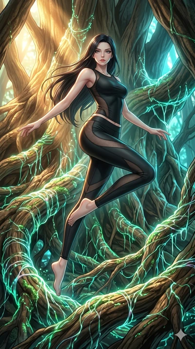 score_9, masterpiece, best quality, ultra-detailed, high-budget anime keyframe, Japanese woman. low angle full-body shot filling the entire 9:16 frame with her statuesque presence, stretching the vertical silhouette. jumping amidst giant ancient tree