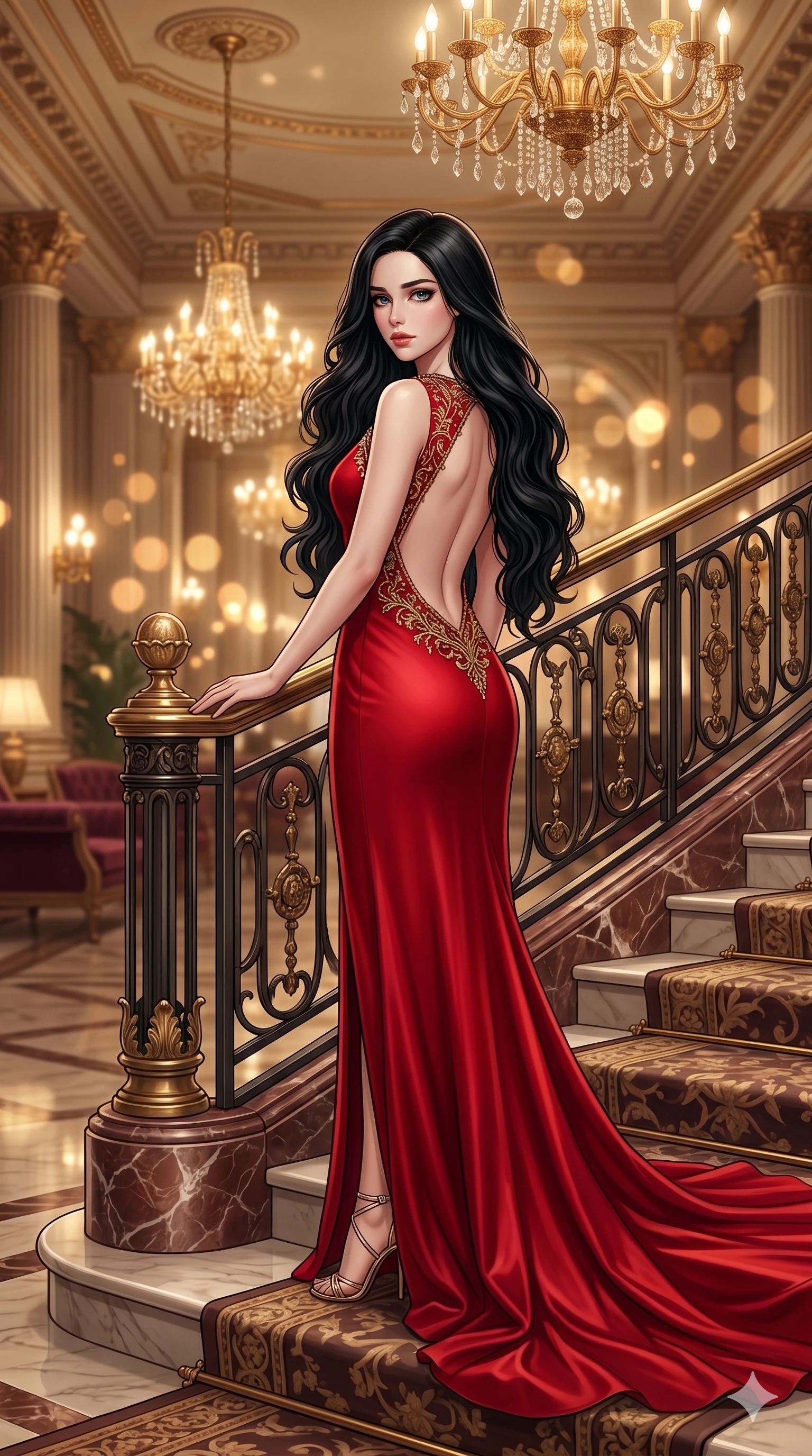 score_9, score_8_up, score_7_up, source_anime, masterpiece, best quality, ultra-detailed, same character with long black hair, wearing an elegant red backless evening gown, standing on a grand marble staircase in a luxury hotel lobby, golden chandeliers, soft bokeh, 2k, ultra detail, master piece, 9:16 ratio