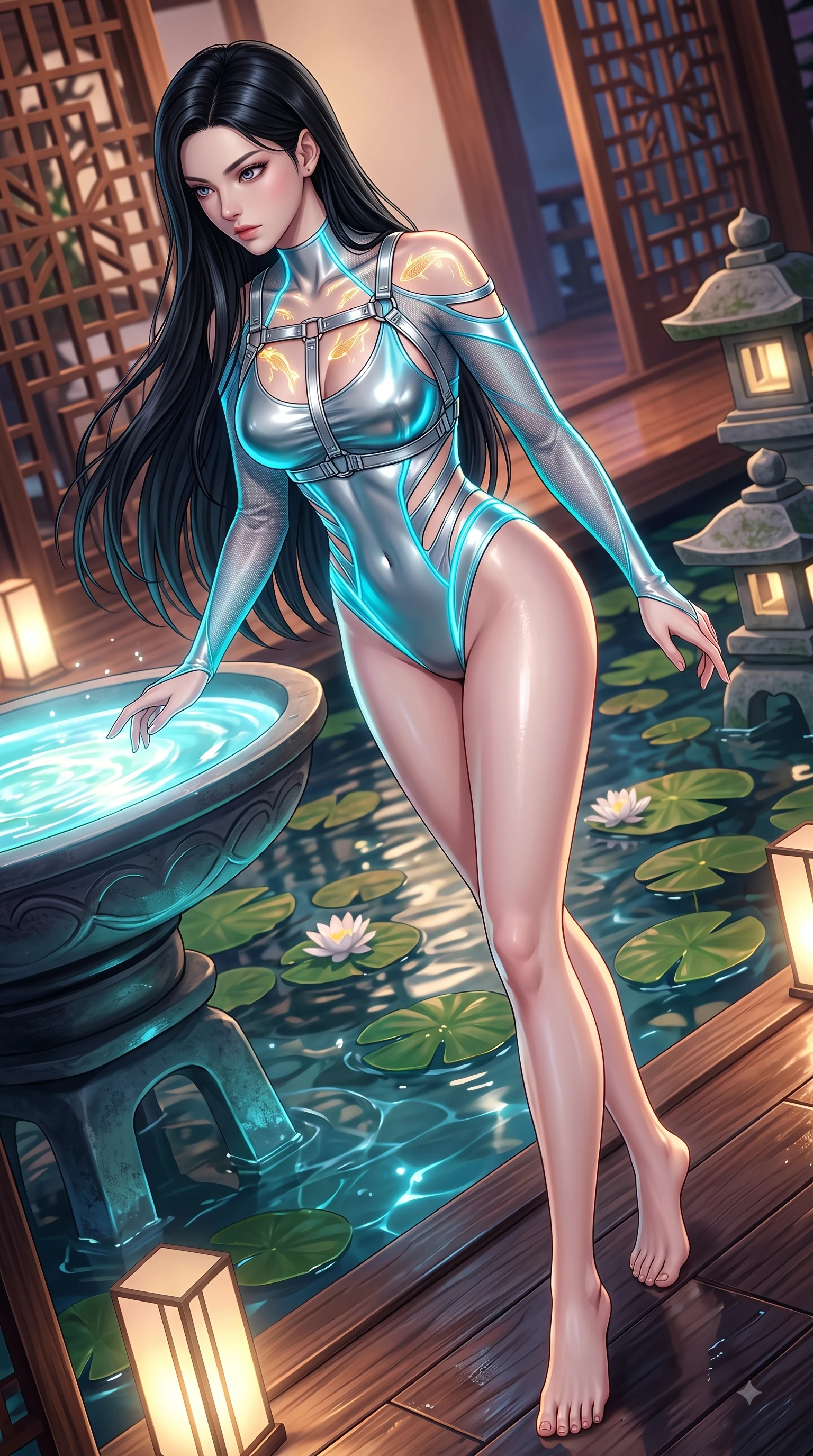 score_9, masterpiece, best quality, ultra-detailed, high-budget anime keyframe, semi-realistic 3D game render, editorial fashion photography, tasteful artistic composition, Korean woman. low angle full-body shot from head to toe showing her feet, filling the entire 9:16 vertical frame with her statuesque presence, stretching her vertical silhouette. pivoting dynamically in mid-motion with a breathtakingly alluring posture, displaying her flawless model proportions and ultra-slim waist while leaning over a glowing water basin as golden digital fish ripple light across her clavicle and chest. The surrounding environment is rendered in vivid detail and crisp panoramic clarity. intricate wooden lattice patterns, floating water lily pads, and stone lanterns in crisp clarity. She has an absolutely perfect, statuesque 8.5-heads proportion, an exceptionally tall and slender model-like female figure with impossibly long slender legs and an ultra-slim waist. sharp v-shaped jawline, high-bridge nose, intricate jewel-like eyes with depth, thick eyelashes, glossy lips with a natural sheen, flawlessly proportioned anatomical accuracy, natural body alignment, perfectly sculpted elegant limbs, clean dynamic posture without body distortion. wearing an ultra-sleek high-cut tech-bodysuit featuring dangerous diagonal slitted cutouts on the midriff and shoulders, reinforced by a metallic silver harness and sheer mesh sleeves in liquid mercury silver and glowing electric cyan, made of liquid metal jersey that clings flawlessly to every contour of her build, accented with glowing fiber-optic seams tracing her collarbones and hip curves, the sleek aerodynamic cut emphasizing her magnetic presence and alluring physical grace. illuminated by soft glowing floor uplights and sharp specular highlights on wet lacquer. highly saturated vibrant anime colors, detailed shading with soft gradients, rich glossy textures, high-contrast stereoscopic depth, volumetric dynamic lighting, master piece, 9:16 ratio