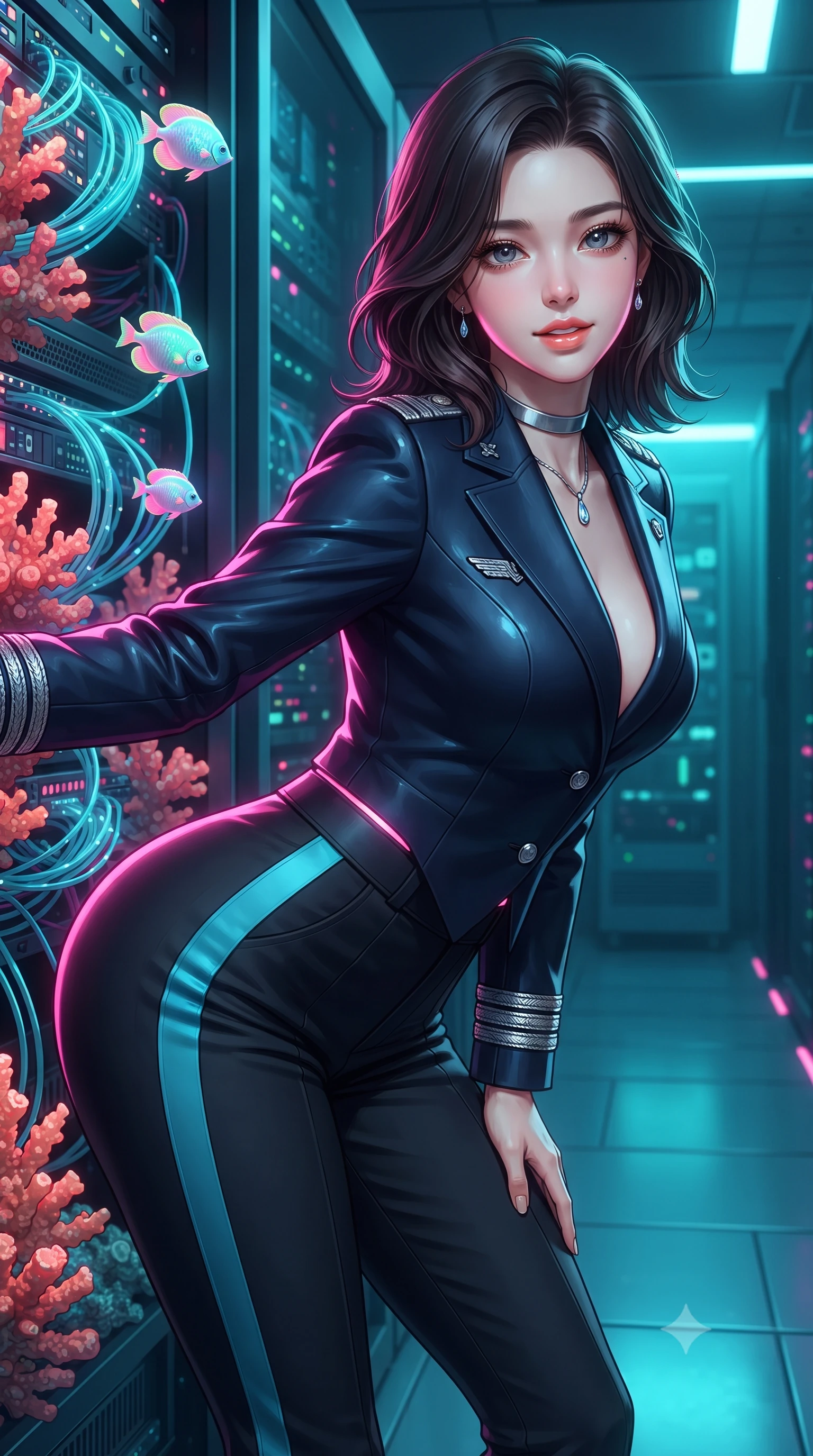 score_9, masterpiece, best quality, ultra-detailed, high-budget anime keyframe, editorial fashion photography, tasteful artistic composition, Korean woman. close-up cowboy shot from the waist and thighs up, the character dominates the composition, filling the frame with her large presence. leaning forward while arching her lower back to accentuate her curvy hips, looking into the camera with an intoxicating smoldering gaze and bedroom-eyes while leaning against the coral-encrusted server rack with hips cocked back, watching luminescent neon reef fish dart through fiber-optic cables with smoldering bedroom-eyes. The surrounding environment is rendered in vivid detail and crisp panoramic clarity: detailed outfit textures, second-skin fit, and futuristic eco-cybernetic architecture in high resolution. She has an exceptionally elegant, slender, and willowy female figure with an ultra-slim waist, flat toned midriff, narrow ribcage, and sculpted feminine hips creating an alluring, slim hourglass silhouette without bulk. sharp v-shaped jawline, high-bridge nose, intricate jewel-like sparkling eyes with depth, thick eyelashes, glossy parted lips with a natural peach sheen, bright cheerful beaming smile with an enchanting and coquettish sensual glint, exuding both youthful cute charm and seductive allure, flawlessly proportioned anatomical accuracy, strict slender model proportions, natural body alignment, perfectly sculpted long slender limbs, ultra-slim waistline, clean dynamic posture without body distortion. wearing a tailored flight command officer coat in midnight navy with structured lapels, metallic rank braids, and tailored slim trousers in tactical obsidian black and high-voltage cyan, tailored from high-density tech-wool with subtle metallic thread weave, finished with a minimalist chrome choker and a single teardrop diamond pendant, the impeccably tailored cut draping gracefully along her slender figure with aristocratic poise. illuminated by turquoise water reflection bounce and sharp neon-pink rim lights defining her jawline, narrow waist, and curvy hips. ultra-reflective glossy finish, specular highlights, rich textural contrasts, high-contrast stereoscopic depth, volumetric dynamic lighting, 2k, ultra detail, master piece, 9:16 ratio