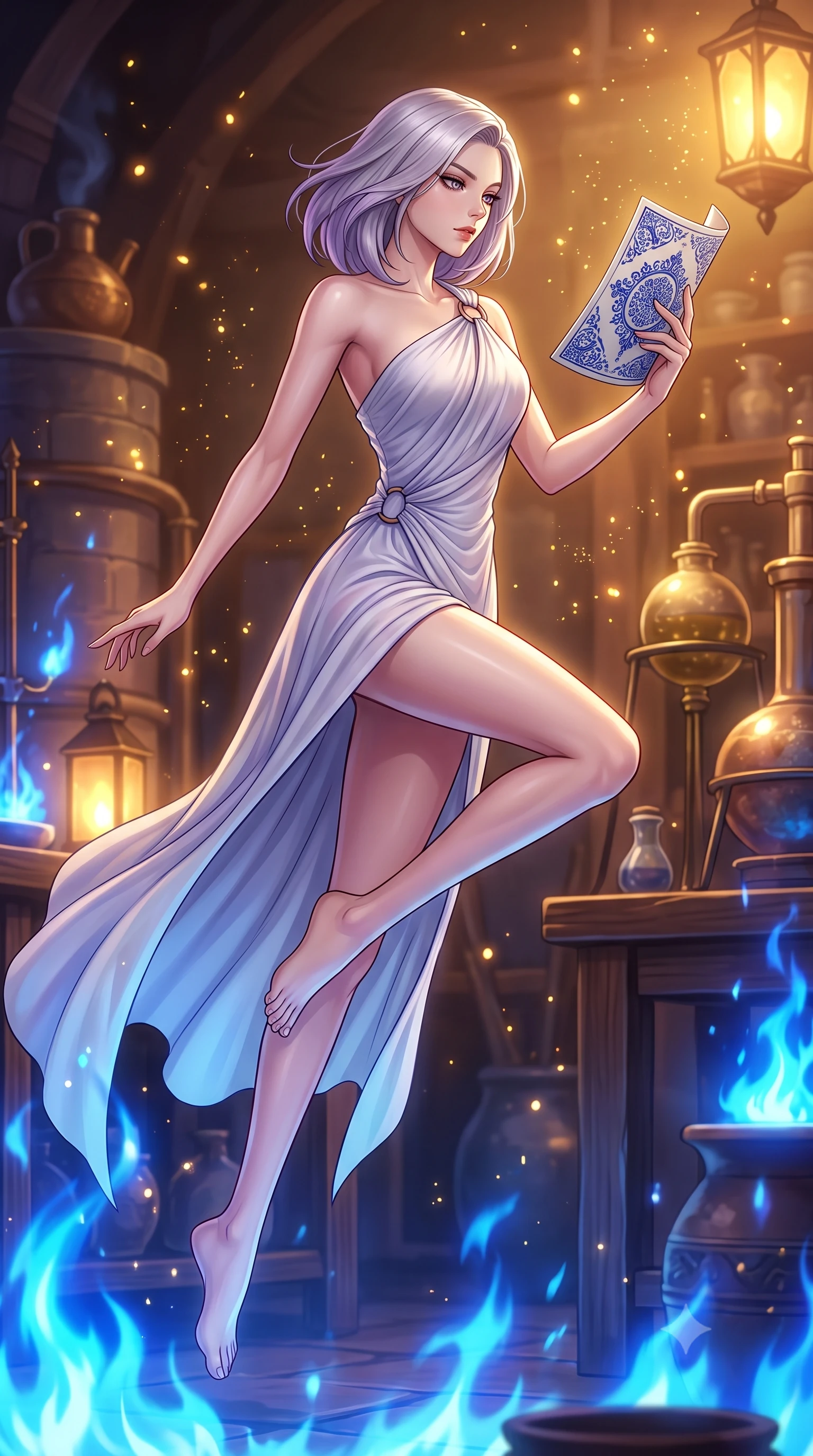 score_9, masterpiece, best quality, ultra-detailed, high-budget anime keyframe, editorial fashion photography, tasteful artistic composition, Caucasian woman. low angle full-body shot from head to toe showing her feet, filling the entire 9:16 vertical frame with her statuesque presence, stretching her vertical silhouette. leaping gracefully through the environment with statuesque elegance and long slender legs inspecting a fine ceramic manuscript decorated with cobalt blue ink patterns, floating golden dust motes sparkling in the warm workshop air. She has an absolutely perfect, statuesque 8.5-heads proportion, an exceptionally tall and slender model-like female figure with impossibly long slender legs and an ultra-slim waist. sharp v-shaped jawline, high-bridge nose, intricate jewel-like eyes with depth, thick eyelashes, glossy lips with a natural sheen. wearing an elegant Grecian draped chiffon gown with an asymmetrical shoulder strap and ring detail, the sleek second-skin texture accentuating her magnetic presence. illuminated by a dramatic contrast of sapphire alchemy flames and warm golden glow. highly saturated vibrant anime colors, detailed shading with soft gradients, rich glossy textures, high-contrast stereoscopic depth, volumetric dynamic lighting, master piece, 9:16 ratio