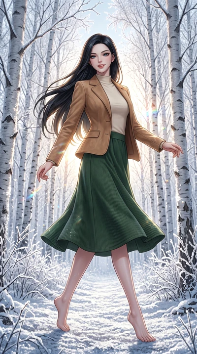 score_9, masterpiece, best quality, ultra-detailed, high-budget anime keyframe, editorial fashion photography, tasteful artistic composition, Korean woman. low angle full-body shot from head to toe showing her feet, filling the entire 9:16 vertical f