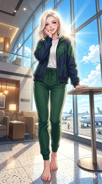 score_9, masterpiece, best quality, ultra-detailed, high-budget anime keyframe, vibrant anime aesthetic, Caucasian woman, strictly human ears. low angle full-body shot from head to toe showing her feet, filling the entire 9:16 vertical frame with her