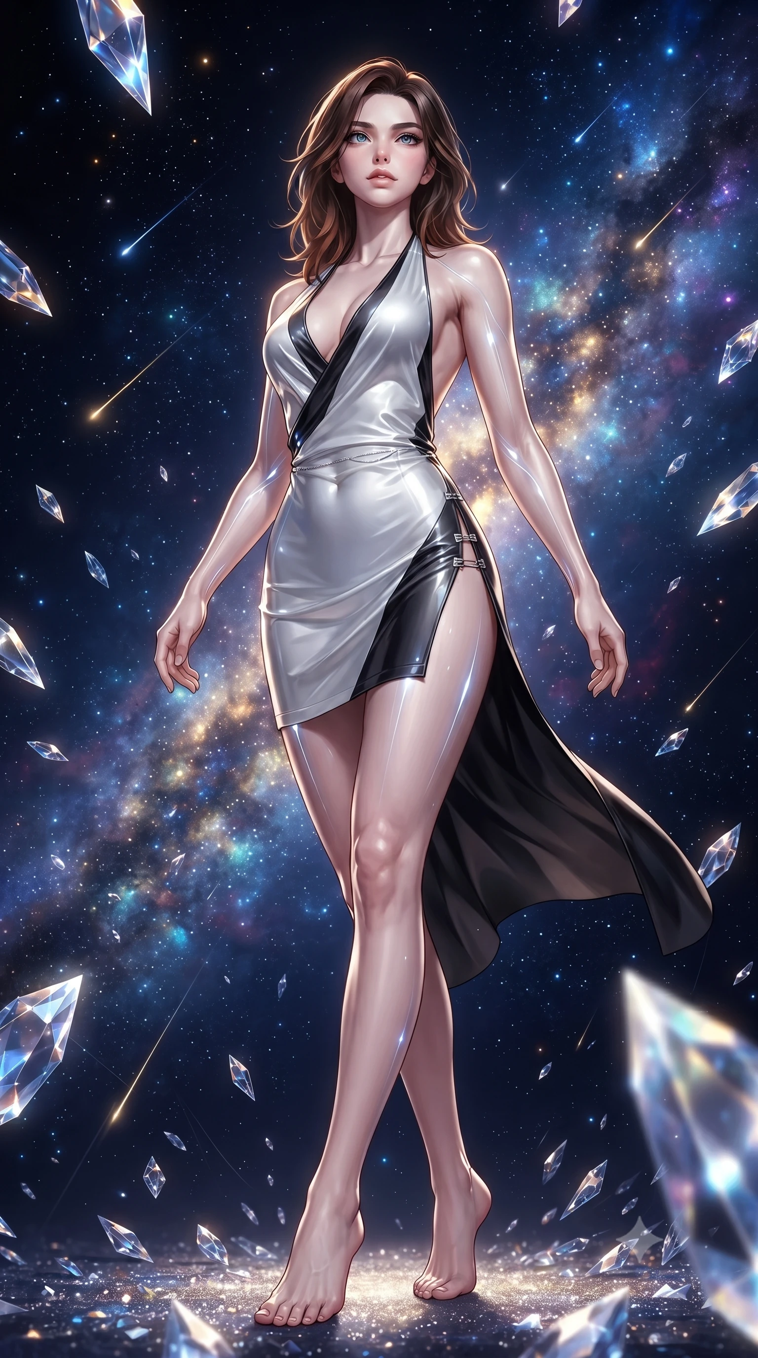 score_9, masterpiece, best quality, ultra-detailed, high-budget anime keyframe, editorial fashion photography, tasteful artistic composition, Korean woman. low angle full-body shot from head to toe showing her feet, filling the entire 9:16 vertical frame with her statuesque presence, stretching her vertical silhouette. striding forward in a proud, statuesque motion with a dangerous smolder, her vertical silhouette dominating the frame from head to toe while arching her spine in a fluid zero-gravity turn as cosmic stardust and diamond reflections outline her sculpted torso. The surrounding environment is rendered in vivid detail and crisp panoramic clarity. razor-sharp diamond crystal facet edges, glowing galactic arm filaments, and shooting star trails in deep focus. She has an absolutely perfect, statuesque 8.5-heads proportion, an exceptionally tall and slender model-like female figure with impossibly long slender legs, a toned flat midriff, and an ultra-slim waist. sharp v-shaped jawline, high-bridge nose, intricate jewel-like eyes with depth, thick eyelashes, glossy lips with a natural sheen, flawlessly proportioned anatomical accuracy, strict slender model proportions, natural body alignment, perfectly sculpted long slender limbs, ultra-slim waistline, clean dynamic posture without body distortion. wearing a form-contouring liquid satin halter-neck mini dress with a deep crossover cowl front, open back, and ultra-slender waist drape in high-gloss monochrome white and sharp black contrast, tailored from semi-translucent cybernetic vinyl with glowing micro-filaments, finished with an ultra-high side slit secured by miniature magnetic clasps, the liquid-tight tailored fabric emphasizing every curve of her tall, slender model proportions and sculptured silhouette during dynamic movement. bathed in radiant starlight brilliance and multi-colored nebula ambient illumination. ultra-reflective glossy finish, specular highlights, metallic sheen, high-contrast stereoscopic depth, volumetric dynamic lighting, 2k, ultra detail, master piece, 9:16 ratio
