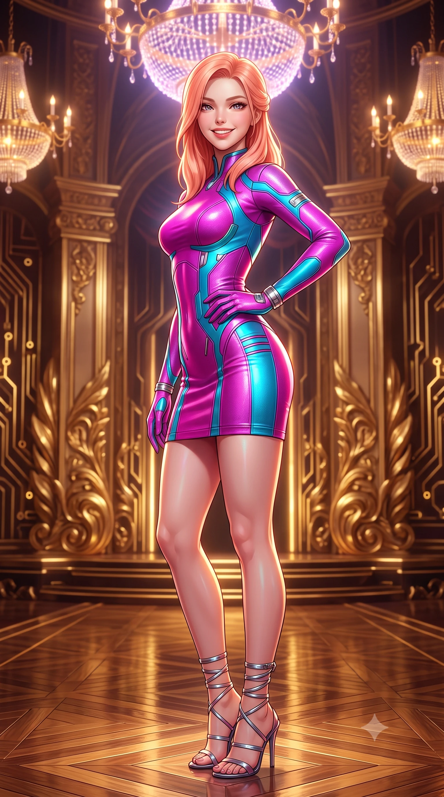 score_9, masterpiece, best quality, ultra-detailed, high-budget anime keyframe, semi-realistic 3D game render, editorial fashion photography, tasteful artistic composition, Japanese woman. close-up cowboy shot from the waist and thighs up, the character dominates the composition, filling the frame with her large presence. perched sideways on the lounge seat, one knee drawn up to showcase her slender leg line while her arched back accentuates her feminine hip curve while standing poised at the center of the gilded cyber-baroque opera stage beneath levitating plasma chandeliers, arching her lower back with sovereign diva charisma. The surrounding environment is rendered in vivid detail and crisp panoramic clarity: sharp hand-carved gilded wood reliefs, pulsing gold micro-circuitry inlays, and polished stage parquet reflections in deep focus. She has an exceptionally elegant, slender, and willowy female figure with an ultra-slim waist, flat toned midriff, narrow ribcage, and sculpted feminine hips creating an alluring, slim hourglass silhouette without bulk. sharp v-shaped jawline, high-bridge nose, intricate jewel-like sparkling eyes with depth, thick eyelashes, glossy parted lips with a natural peach sheen, bright cheerful beaming smile with an enchanting and coquettish sensual glint, exuding both youthful cute charm and seductive allure, flawlessly proportioned anatomical accuracy, strict slender model proportions, natural body alignment, perfectly sculpted long slender limbs, ultra-slim waistline, clean dynamic posture without body distortion. wearing a glove-like stretch lambskin leather dress with seamless sculpting hold adhering tightly to her silhouette in Neo-Tokyo neon magenta and electric cyan, woven from stretch metallic lurex jersey casting radiant starlight glints across her curves, complemented by strappy stiletto sandals with metallic ankle wraps accentuating her slender calves, the bespoke structured tailoring following the natural line of her 8.5-heads silhouette with refined elegance. illuminated by polished parquet reflection bounce and sharp gold-plasma rim lights sculpting her jawline, narrow waist, and curvy hips. highly saturated vibrant anime colors, detailed shading with soft gradients, rich glossy textures, high-contrast stereoscopic depth, volumetric dynamic lighting, master piece, 9:16 ratio