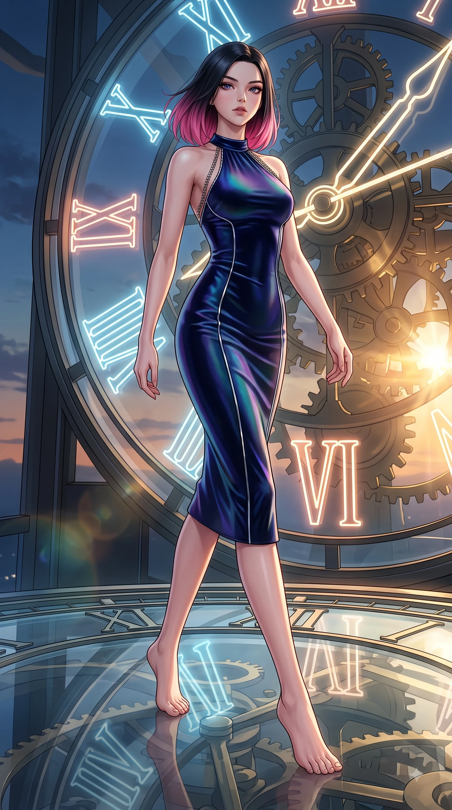score_9, masterpiece, best quality, ultra-detailed, high-budget anime keyframe, editorial fashion photography, tasteful artistic composition, Korean woman. low angle full-body shot from head to toe showing her feet, filling the entire 9:16 vertical frame with her statuesque presence, stretching her vertical silhouette. stepping forward in a proud dynamic stride with an alluring waist tilt, her vertical silhouette filling the frame while standing atop a giant translucent Roman numeral clock dial in a high tower at dusk, glowing neon clock numbers floating in the air with vintage elegancy. She has an absolutely perfect, statuesque 8.5-heads proportion, an exceptionally tall and slender model-like female figure with impossibly long slender legs and an ultra-slim waist. sharp v-shaped jawline, high-bridge nose, intricate jewel-like eyes with depth, thick eyelashes, glossy lips with a natural sheen, flawlessly proportioned anatomical accuracy, natural body alignment, perfectly sculpted elegant limbs, clean dynamic posture without body distortion. wearing a velvet halter-neck midi dress following her form like a glove in midnight navy blue and chrome trim, crafted from iridescent chiffon that shifts colors in the light, adorned with delicate metallic chain straps along the neckline, the form-contouring material highlighting her ultra-slim waist and long lines. illuminated by a brilliant golden hour glow filtering through clockwork dials. highly saturated vibrant anime colors, detailed shading with soft gradients, rich glossy textures, high-contrast stereoscopic depth, volumetric dynamic lighting, master piece, 9:16 ratio