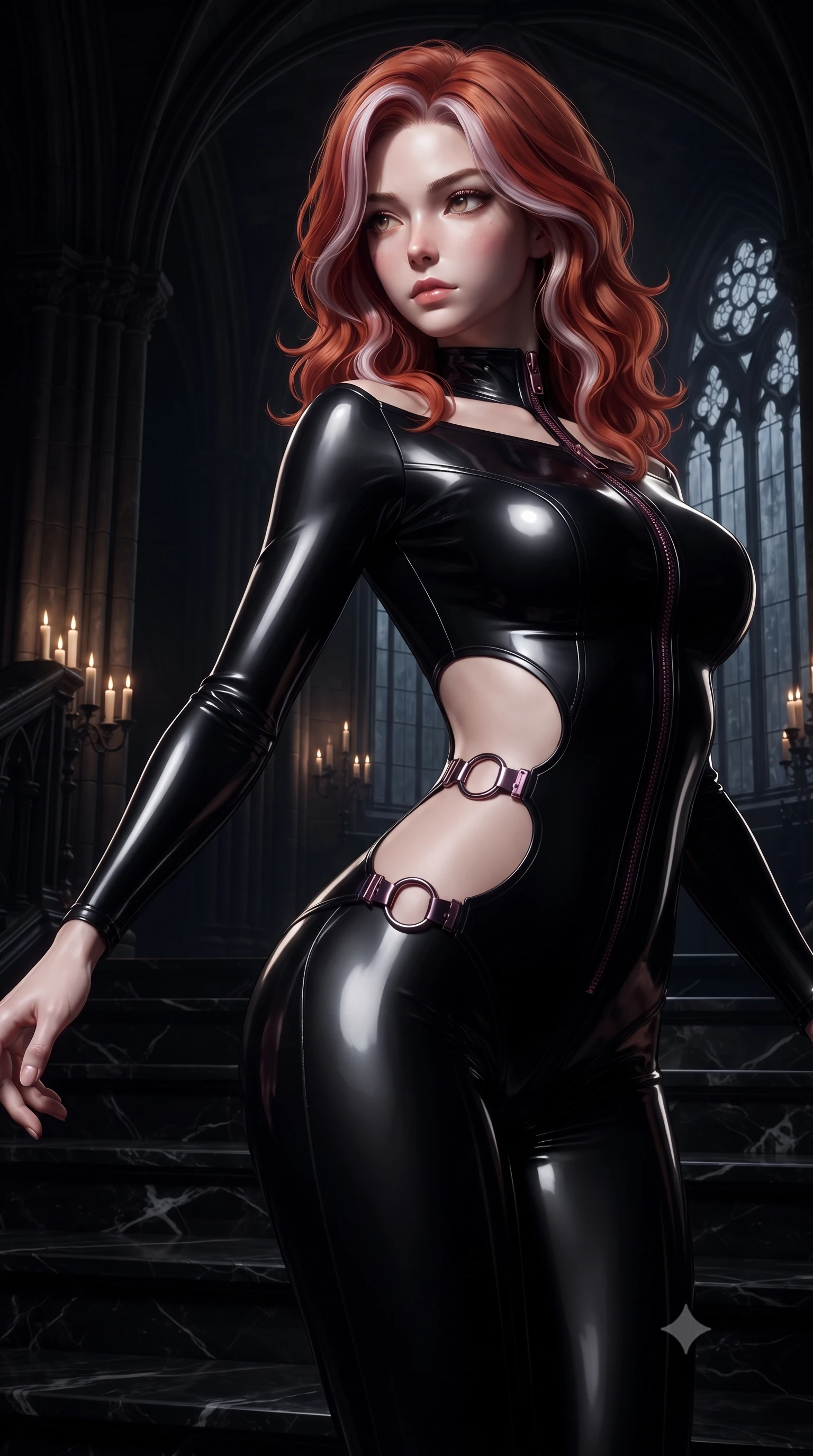 score_9, masterpiece, best quality, ultra-detailed, high-budget anime keyframe, editorial fashion photography, tasteful artistic composition, Caucasian woman. close-up cowboy shot from the waist and thighs up, the character dominates the composition, filling the frame with her large presence. extending one arm gracefully toward the shadows while her torso arches in a sleek, alluring curve with intoxicating, dangerous allure while pivoting dynamically on polished black marble cathedral steps as shadows of Gothic gargoyles flicker across her statuesque silhouette. The surrounding environment is rendered in vivid detail and crisp panoramic clarity. sharp gothic window tracery, flickering candle wax textures, and dark stone arches rendered in high resolution. She has an exceptionally elegant, slender, and willowy female figure with an ultra-slim waist, a gracefully sculpted slender torso, toned flat midriff, and a refined slim silhouette. sharp v-shaped jawline, high-bridge nose, intricate jewel-like eyes with depth, thick eyelashes, glossy lips with a natural sheen, flawlessly proportioned anatomical accuracy, strict slender model proportions, natural body alignment, perfectly sculpted long slender limbs, ultra-slim waistline, clean dynamic posture without body distortion. wearing a glossy black second-skin latex bodysuit with high-thigh cuts, exposed clavicle neckline, and gleaming dark zipper details in deep velvet violet and rose-gold metallic clasps, crafted from ultra-reflective second-skin latex with a high-gloss glass-like polish, detailed with polished gunmetal rings connecting the daring side-waist cutouts, the precision-cut daring openings accentuating her delicate midriff, graceful bare collarbones, and ultra-slim feminine waistline. illuminated by deep shadow chiaroscuro with sharp specular rim lights outlining her slender curves. ultra-reflective glossy finish, specular highlights, dark metallic sheen, deep chiaroscuro contrast, volumetric dynamic shadow lighting, 2k, ultra detail, master piece, 9:16 ratio