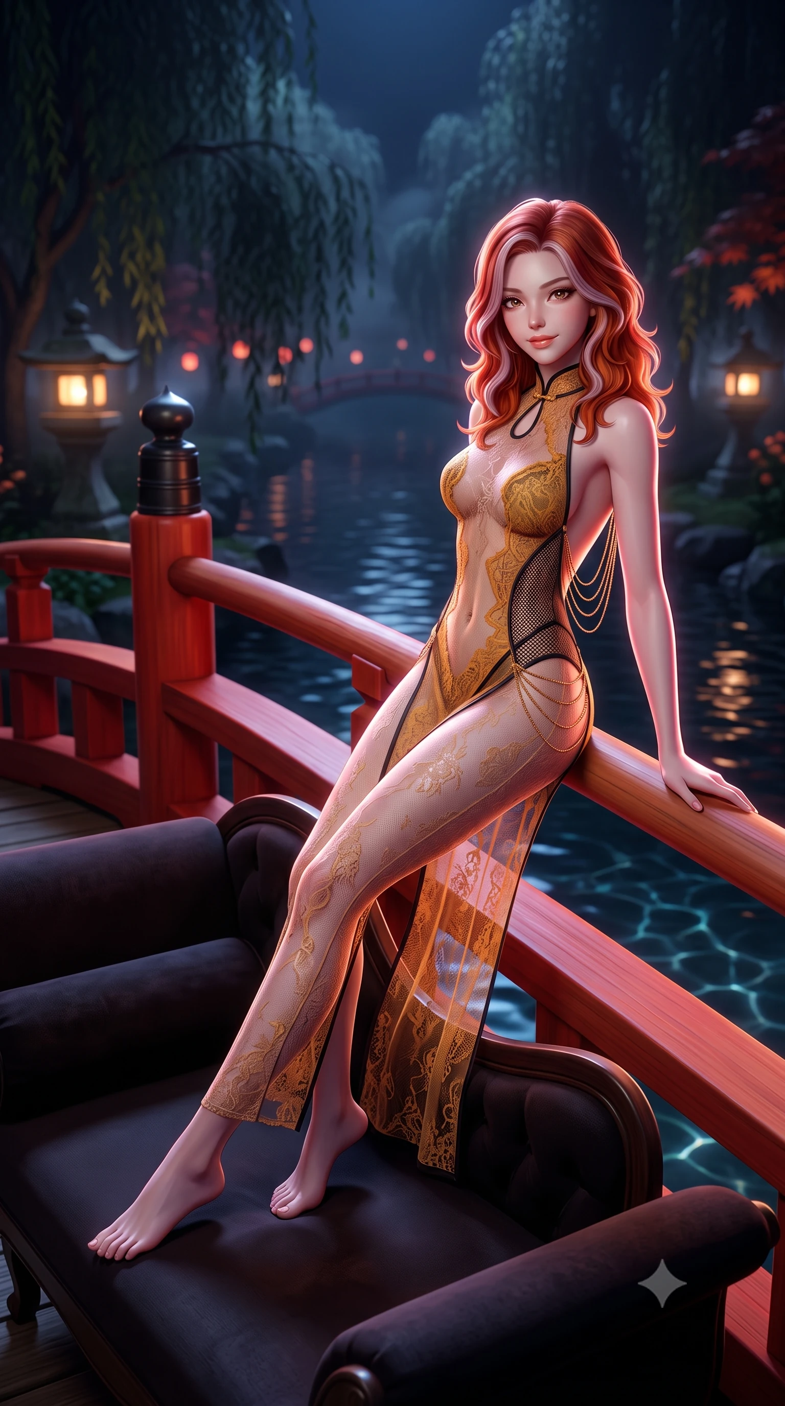 score_9, masterpiece, best quality, ultra-detailed, high-budget anime keyframe, semi-realistic 3D game render, editorial fashion photography, tasteful artistic composition, Caucasian woman. low angle full-body shot from head to toe showing her feet, filling the entire 9:16 vertical frame with her statuesque presence, stretching her vertical silhouette. reclining gracefully across the plush chaise lounge with one leg extended, her sculpted silhouette and flat midriff radiating magnetic nocturnal glamour while leaning against the smooth unlacquered cedar balustrade of the red arched bridge with hips cocked back, casting an intoxicating smoldering bedroom-gaze. The background shows a soft-focus vermilion arched bridge spanning the dark river, weeping Japanese maples shrouded in nocturnal fog, and glowing stone toro lanterns blurred into vermilion, jade, and charcoal bokeh. She has an exceptionally tall and slender model-like 8.5-heads proportion, an ultra-slim waist, a flat toned midriff, narrow delicate ribcage, and beautifully sculpted feminine hips creating a graceful, slim hourglass silhouette without any bulky heaviness, with impossibly long slender legs. sharp v-shaped jawline, high-bridge nose, intricate jewel-like sparkling eyes with depth, thick eyelashes, glossy parted lips with a natural peach sheen, bright cheerful beaming smile with an enchanting and coquettish sensual glint, exuding both youthful cute charm and seductive allure, flawlessly proportioned anatomical accuracy, strict slender model proportions, natural body alignment, perfectly sculpted long slender limbs, ultra-slim waistline, clean dynamic posture without body distortion. wearing a delicate sheer Chantilly lace cheongsam teddy with open mandarin collar and deep keyhole back in Hakone steaming sulfur amber and volcanic basalt black, woven from fine semi-opaque stretch illusion mesh tracing her slender contours, accented with an open-back drape framed by falling strands of delicate gold chains, the glove-like clinging cut tightly following the natural contour of her hips and long slender legs with youthful 8.5-heads elegance. illuminated by thermal river caustics bounce and sharp pearlescent-rose rim lights sculpting her jawline, flat midriff, and curvaceous hips. highly saturated vibrant anime colors, detailed shading with soft gradients, rich glossy textures, high-contrast stereoscopic depth, volumetric dynamic lighting, master piece, 9:16 ratio