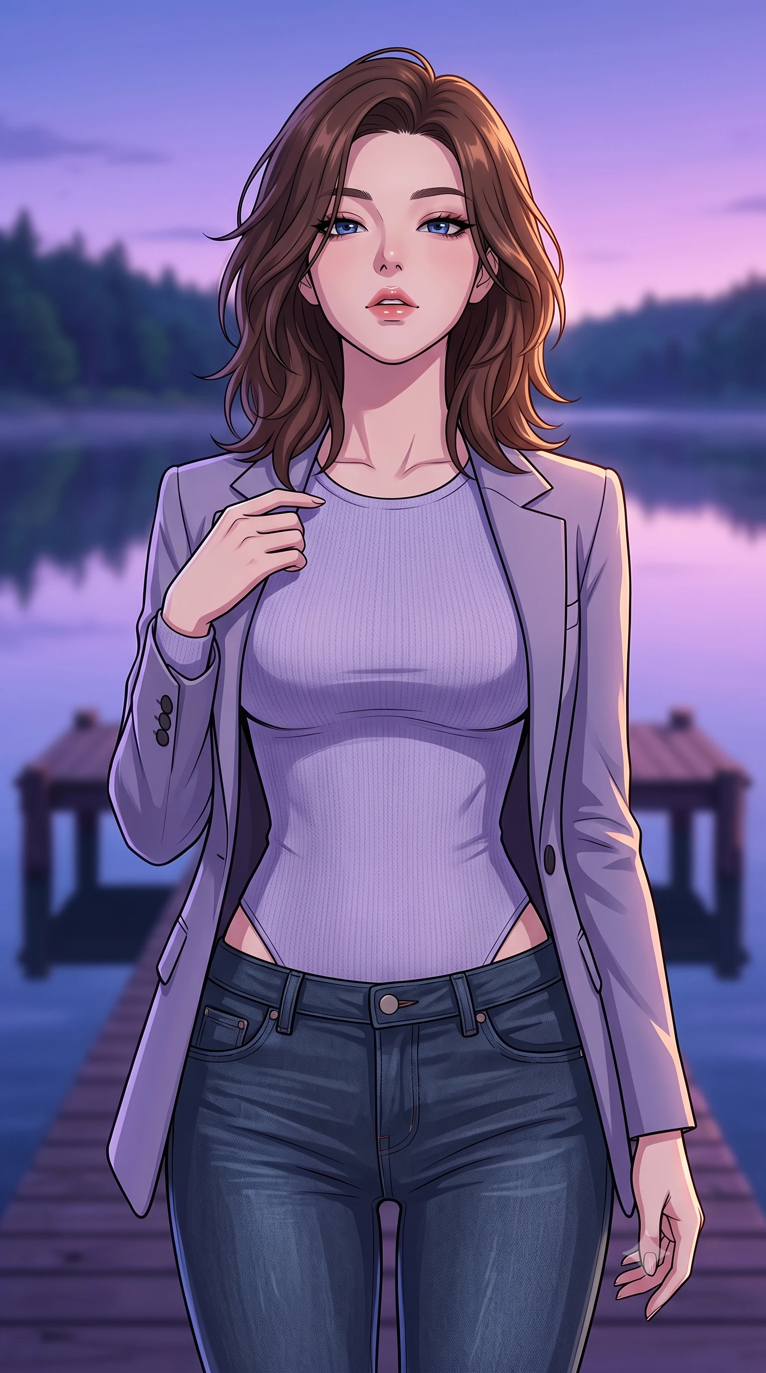 score_9, masterpiece, best quality, ultra-detailed, high-budget anime keyframe, tasteful artistic composition, Korean woman. close-up cowboy shot from the waist and thighs up, the character dominates the composition, filling the frame with her large presence, background elements kept in soft focus. tilting her chin up slightly with lips parted in a composed, provocative expression the background shows a soft-focus a private lakehouse wooden pier extending over a calm forest lake. She has an exceptionally elegant, slender, and willowy female figure with an ultra-slim waist, a gracefully sculpted slender torso, and a refined silhouette. sharp v-shaped jawline, high-bridge nose, intricate jewel-like eyes with depth, thick eyelashes, glossy lips with a natural sheen. wearing a form-contouring tight-fitting lavender knit bodysuit worn under a tailored open blazer and jeans. the serene purple and blue hues of twilight reflecting on the still water. highly saturated vibrant anime colors, cel-shading, 2d style, master piece, 9:16 ratio