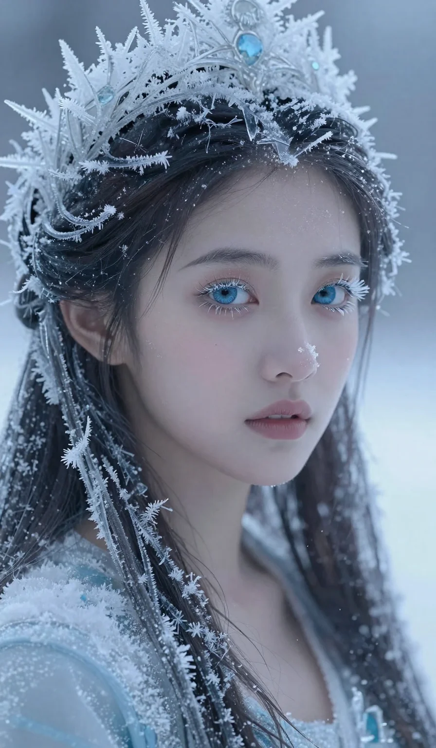 (masterpiece:1.2), best quality, highres, (1girl:1.3), stunning close-up, ice-blue eyes, (frost on eyelashes:1.2), crown of icicles, winter queen aesthetic, frozen atmosphere, 2k, ultra detail, 9:16 ratio