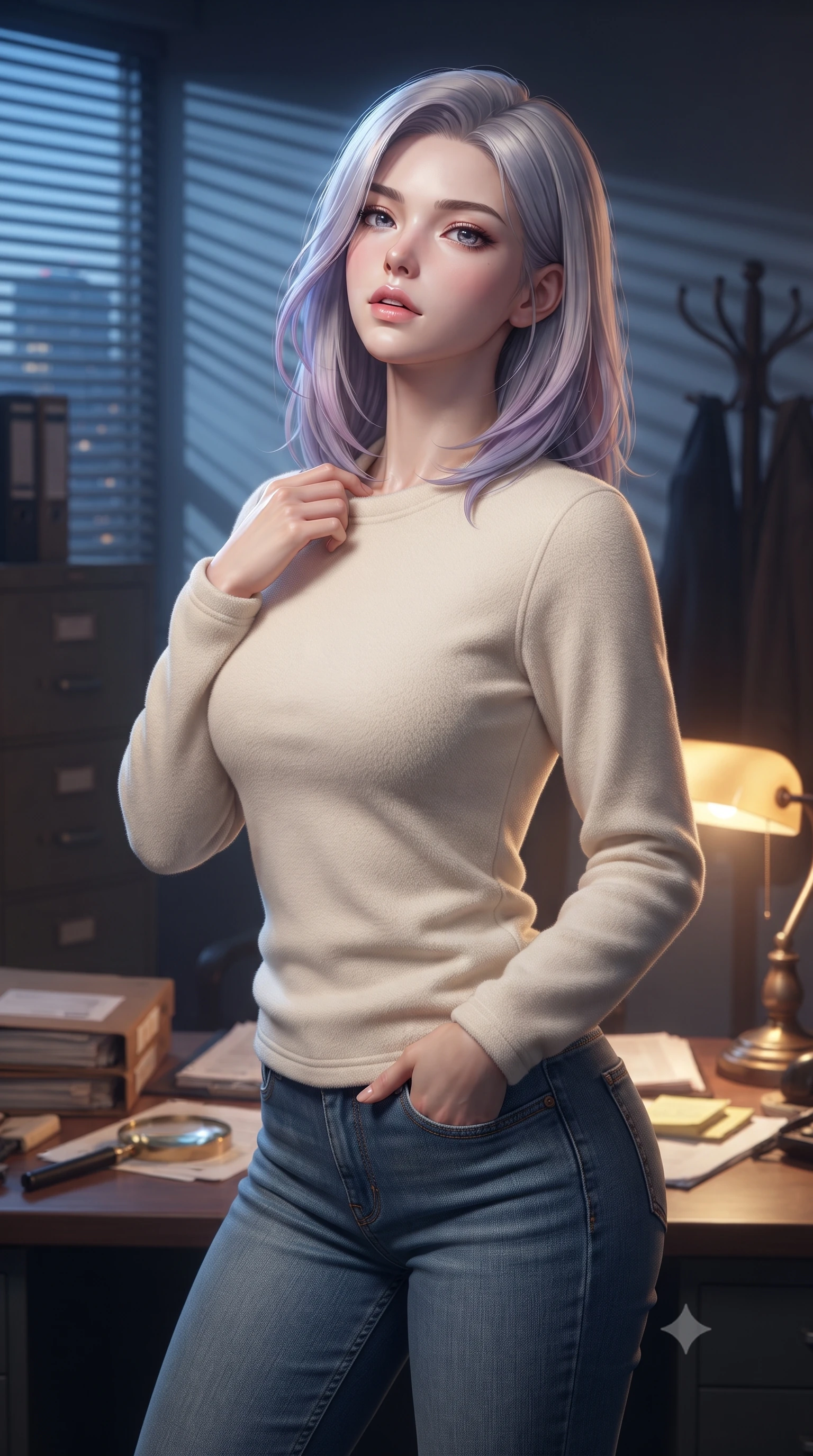 score_9, masterpiece, best quality, ultra-detailed, high-budget anime keyframe, editorial fashion photography, tasteful artistic composition, Caucasian woman. close-up cowboy shot from the waist and thighs up, the character dominates the composition, filling the frame with her large presence, background elements kept in soft focus. tilting her chin up slightly with lips parted in a composed, provocative expression the background shows a soft-focus a dimly lit detective office with rotating window blinds casting horizontal shadows. She has an exceptionally elegant, slender, and willowy female figure with an ultra-slim waist, a gracefully sculpted slender torso, and a refined silhouette. sharp v-shaped jawline, high-bridge nose, intricate jewel-like eyes with depth, thick eyelashes, glossy lips with a natural sheen. wearing a form-contouring comfortable cream fleece sweater over blue denim jeans. cool blue city twilight key light contrasting with the warm amber glow of a desk lamp. ultra-reflective glossy finish, specular highlights, metallic sheen, high-contrast stereoscopic depth, volumetric dynamic lighting, 2k, ultra detail, master piece, 9:16 ratio