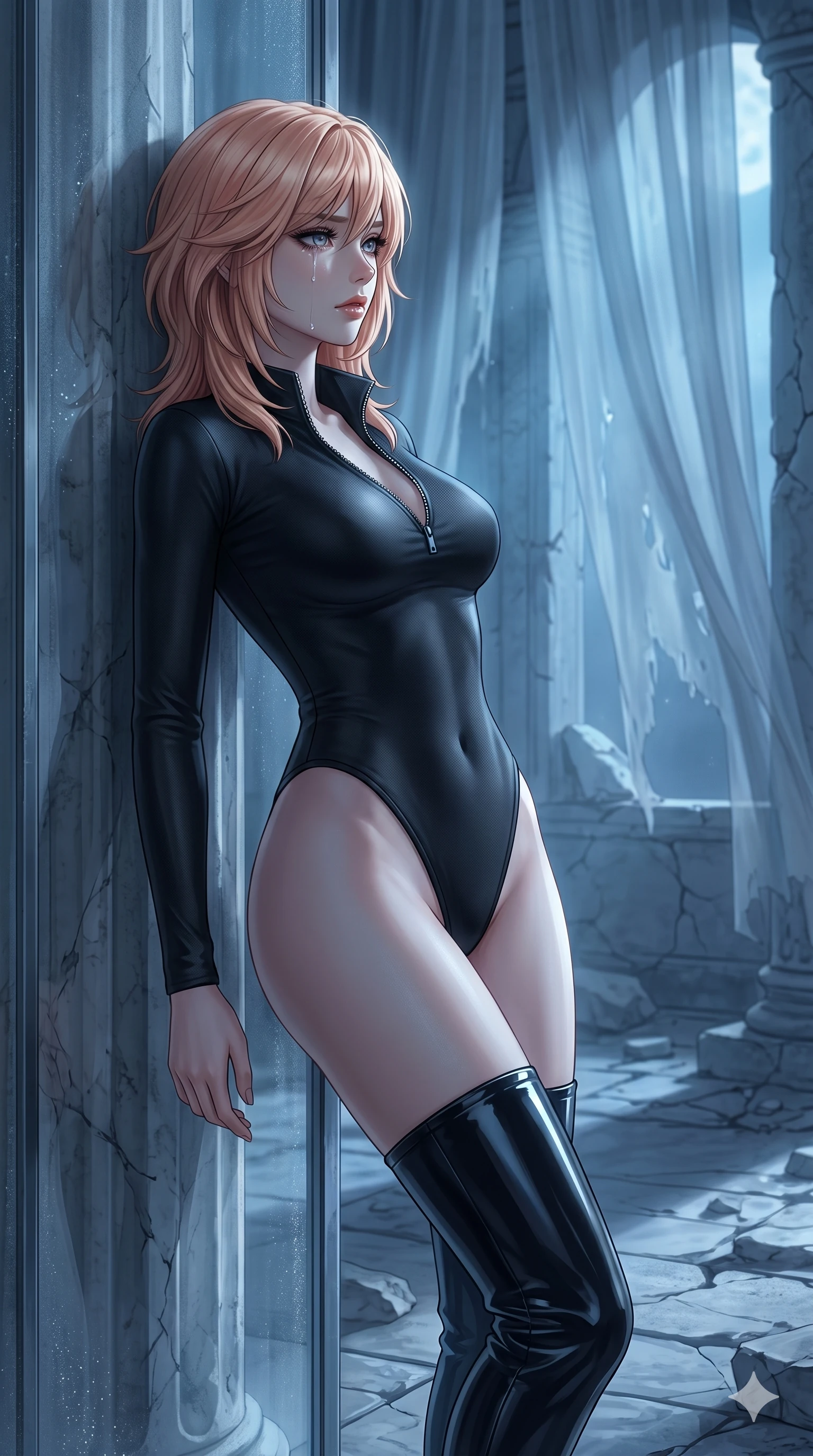 score_9, masterpiece, best quality, ultra-detailed, high-budget anime keyframe, editorial fashion photography, tasteful artistic composition, Japanese woman. cowboy shot from the thighs up, character and outfit filling the frame for maximum editorial presence. resting her head against the cold glass pane, a single tear tracing down her cheek as she looks away resting against a cold marble pillar in a ruined ancient temple of light (Scenario Code S-59). She has an absolutely perfect 8-heads proportion, an exceptionally tall and slender female figure with impossibly long slender legs and an ultra-slim waist. V-shaped jawline, high-bridge nose, intricate jewel-like eyes with depth, thick eyelashes, glossy lips with a natural sheen. wearing a precision-fitted matte black sleek one-piece suit stylishly stylishly unzipped collar, paired with high-cut patent leather boots. bathed in cold moonlight filtering through translucent curtains, creating soft shadows. 2k, ultra detail, master piece, 9:16 ratio