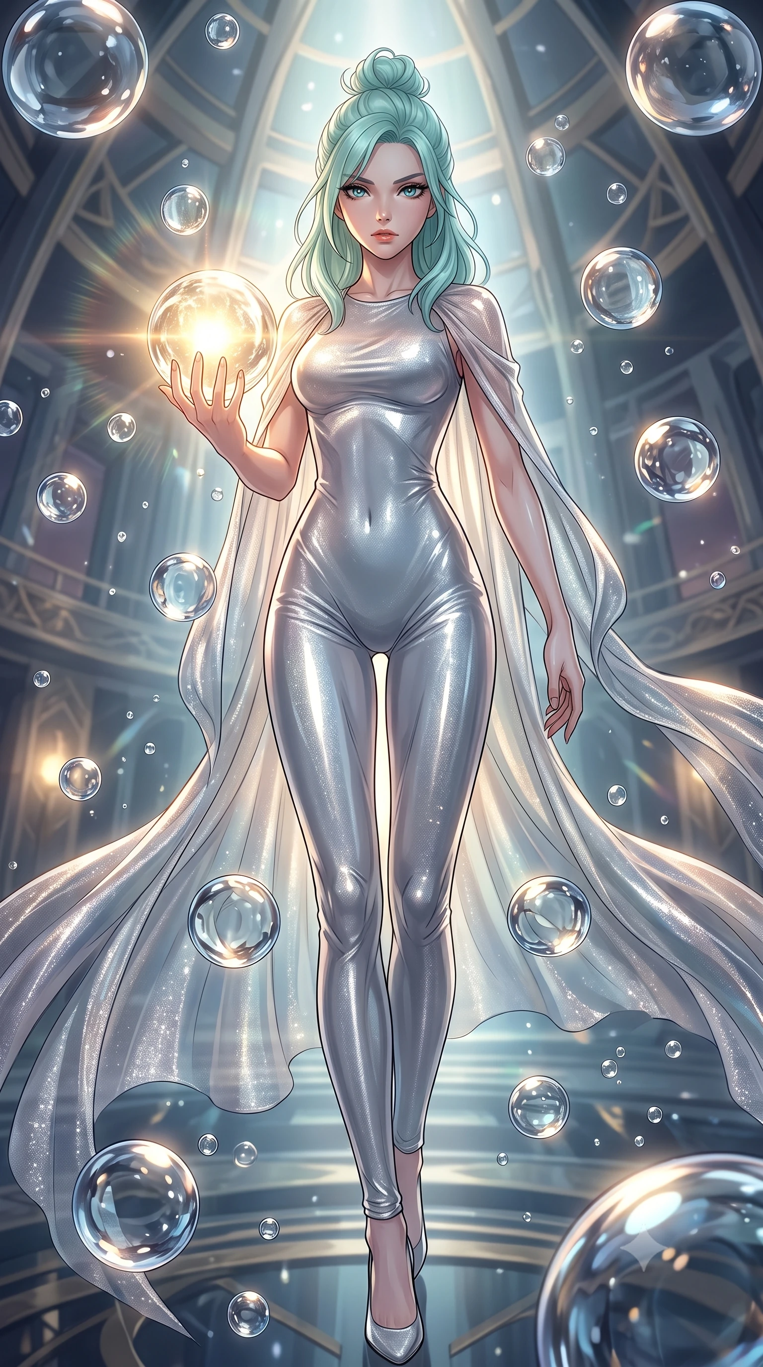 score_9, masterpiece, best quality, ultra-detailed, High-budget Anime Keyframe, East Asian woman. Low angle cowboy shot filling the entire 9:16 frame with her statuesque presence. Scenario 476: reaching out to catch a floating sphere of liquid light in a zero-gravity sanctuary filled with floating water spheres. Her presence is magnetic and overpowering in this high-budget anime scene. Outfit 476: a slim-fit liquid silver shimmering chiffon jumpsuit draped with a semi-transparent chiffon cape. The clothing is designed to emphasize her exceptionally tall and slender 8-heads proportion. 8-heads proportion, towering silhouette, ultra-slim waist. sharp v-shaped jawline, intricate jewel-like eyes with depth, thick eyelashes, glossy lips. 2k, ultra detail, master piece, 9:16 ratio