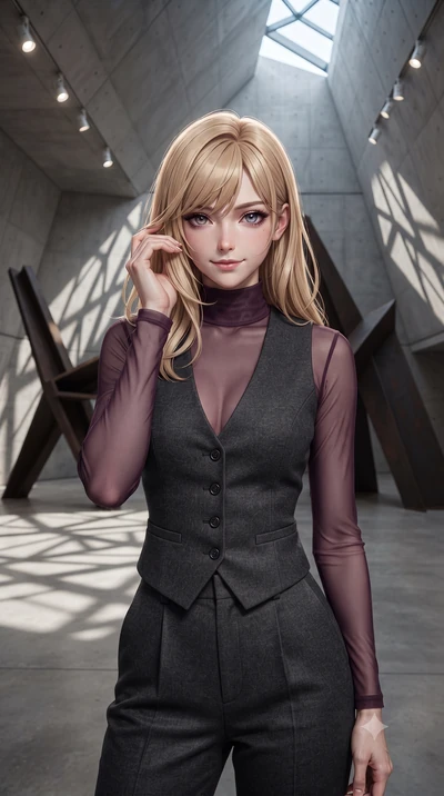 score_9, masterpiece, best quality, ultra-detailed, high-budget anime keyframe, editorial fashion photography, tasteful artistic composition, Caucasian woman, strictly human ears. close-up cowboy shot from the waist and thighs up, the character domin