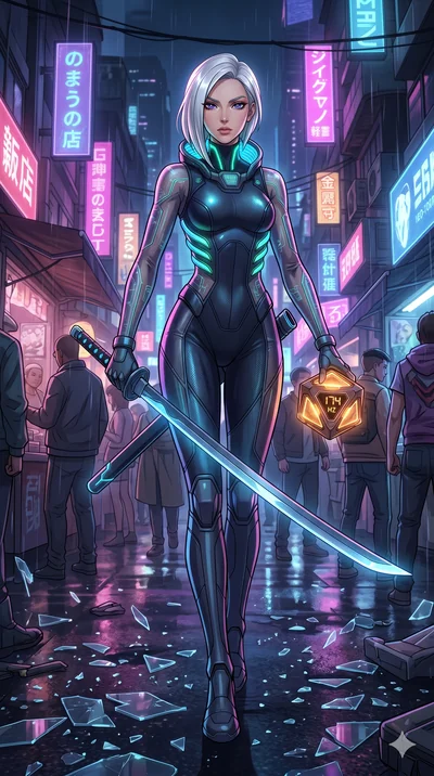score_9, masterpiece, best quality, ultra-detailed, Set A: High-budget Anime Keyframe, Caucasian (strictly human ears) woman. Low angle cowboy shot filling the entire 9:16 frame with her statuesque presence. Drawing a blade through a futuristic night