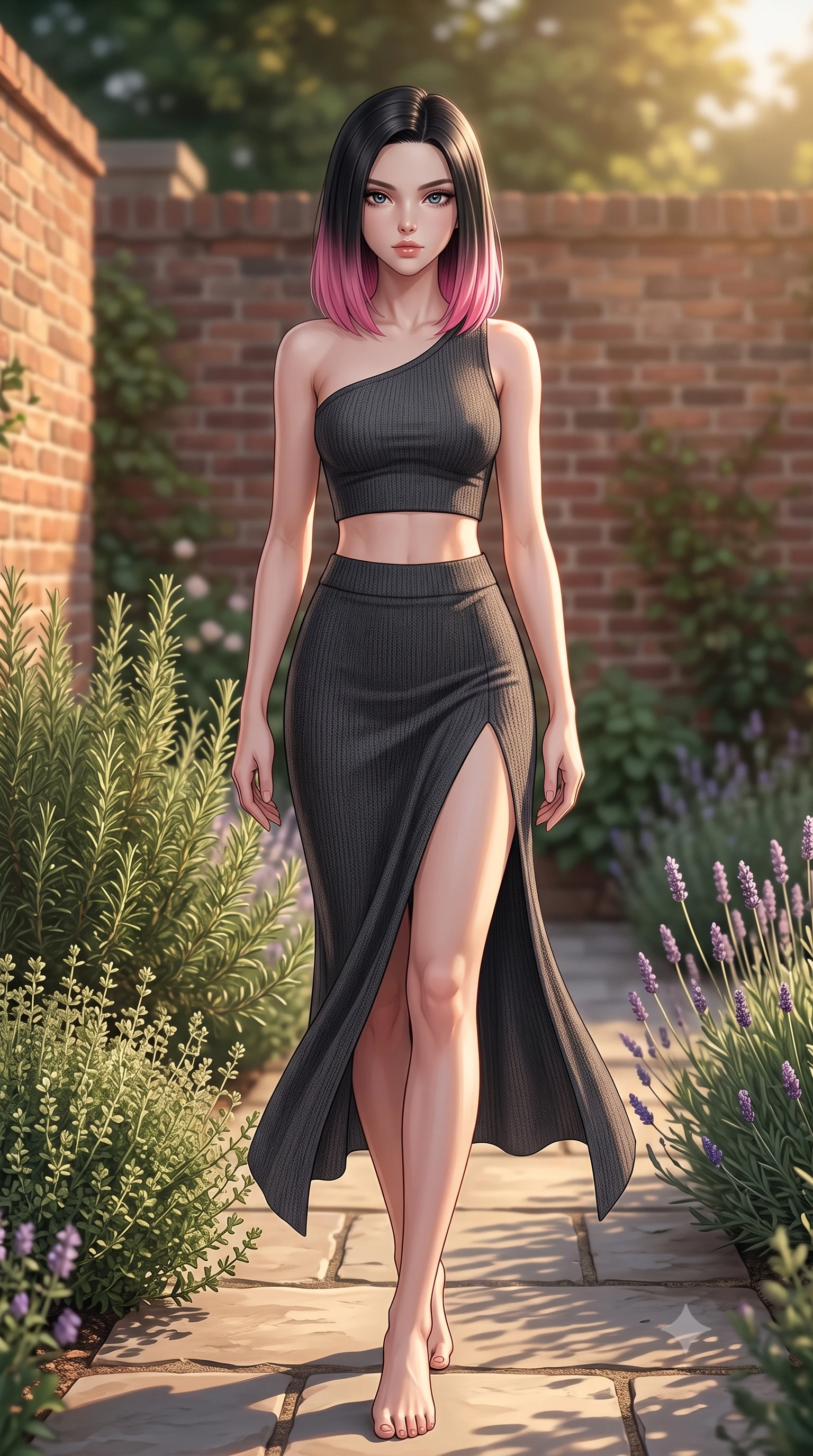 score_9, masterpiece, best quality, ultra-detailed, high-budget anime keyframe, editorial fashion photography, tasteful artistic composition, Korean woman woman. low angle full-body shot from head to toe showing her feet, filling the entire 9:16 vertical frame with her statuesque presence, stretching her vertical silhouette. stepping gracefully across a stone path in the garden the background shows a soft-focus a small brick-walled garden filled with rosemary, thyme, and lavender. She has an absolutely perfect, statuesque 8.5-heads proportion, an exceptionally tall and slender model-like female figure with impossibly long slender legs and an ultra-slim waist. sharp v-shaped jawline, high-bridge nose, intricate jewel-like eyes with depth, thick eyelashes, glossy lips with a natural sheen. wearing a body-hugging asymmetric one-shoulder crop top in charcoal knit, paired with a high-slit skirt. warm late afternoon sun casting long, gentle shadows. 2k, ultra detail, master piece, 9:16 ratio