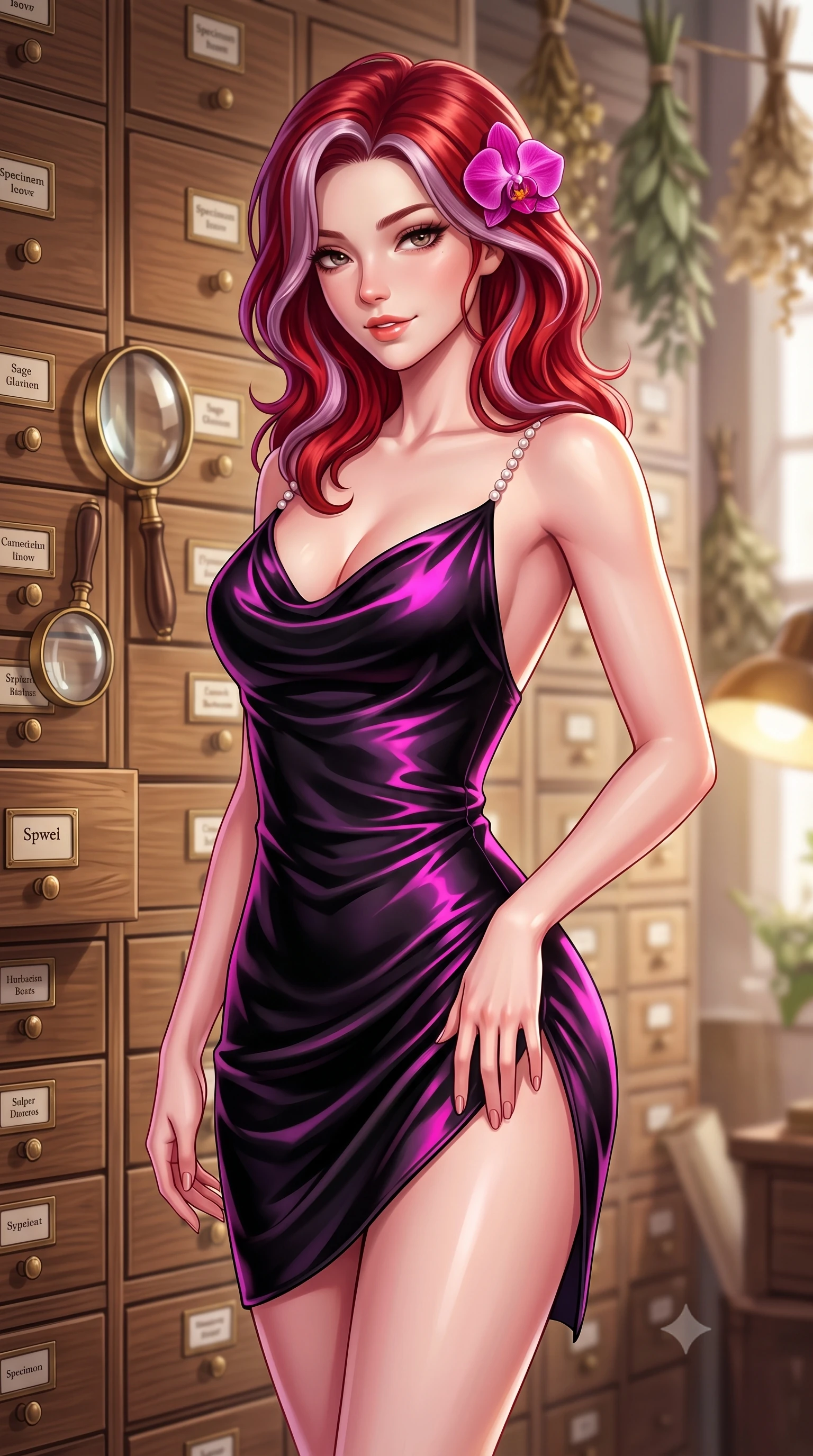 score_9, masterpiece, best quality, ultra-detailed, high-budget anime keyframe, semi-realistic 3D game render, editorial fashion photography, tasteful artistic composition, Caucasian woman. close-up cowboy shot from the waist and thighs up, the character dominates the composition, filling the frame with her large presence. tilting her head with a teasing half-smile, running one hand slowly down the side of her hip in a flirtatious S-curve as ambient light caresses her silhouette while standing poised between floor-to-ceiling wooden specimen drawers with hips cocked back, looking back with an intoxicating, smoldering gaze. The background shows a soft-focus hundreds of labelled wooden herbarium drawers, vintage brass magnifying glasses, and drying herbs blurred into walnut, sage, and parchment bokeh. She has an exceptionally elegant, slender, and willowy female figure with an ultra-slim waist, flat toned midriff, narrow ribcage, and sculpted feminine hips creating an alluring, slim hourglass silhouette without bulk. sharp v-shaped jawline, high-bridge nose, sparkling eyes with hypnotic seductive depth, thick curled eyelashes, glossy parted lips with a natural dewy peach sheen, alluring bedroom-eyes with an enchanting coquettish smile, exuding magnetic siren charisma and sophisticated glamour, flawlessly proportioned anatomical accuracy, strict slender model proportions, natural body alignment, perfectly sculpted long slender limbs, ultra-slim waistline, clean dynamic posture without body distortion. wearing a low-cut draped cowl-back satin slip mini dress with dainty pearl spaghetti straps and hip-hugging cut in wet-look onyx black with electric magenta reflections, crafted from fluid liquid silk satin that clings smoothly to every curve with a dewy sheen, accented with a fresh-bloomed exotic magenta orchid tucked gracefully into her dark glossy hair, the high-slit wrap tailoring accentuating her ultra-slim waistline and the enchanting curve of her feminine hips with alluring seductive charm. bathed in warm 3000K desk lamp glow mixed with soft natural window daylight. highly saturated vibrant anime colors, detailed shading with soft gradients, rich glossy textures, high-contrast stereoscopic depth, volumetric dynamic lighting, master piece, 9:16 ratio