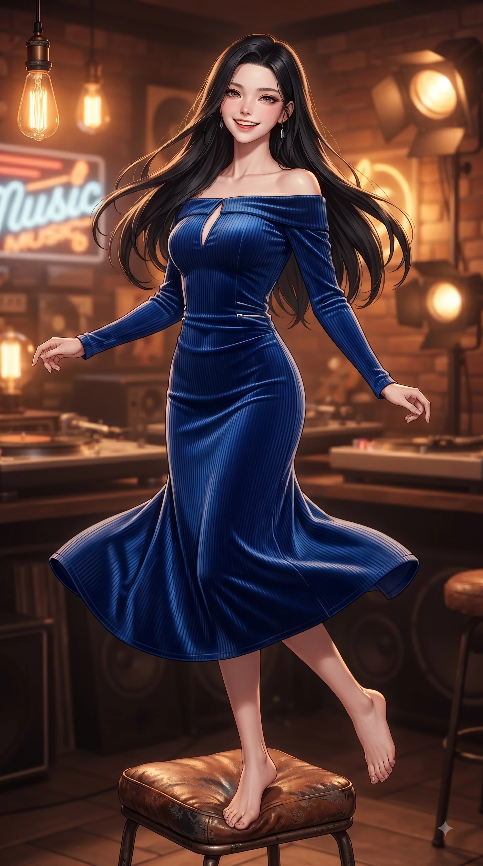 score_9, masterpiece, best quality, ultra-detailed, high-budget anime keyframe, editorial fashion photography, tasteful artistic composition, Korean woman. low angle full-body shot from head to toe showing her feet, filling the entire 9:16 vertical frame with her statuesque presence, stretching her vertical silhouette. performing a cheerful mid-motion turn with flawless poise, her radiant smile capturing fresh girlhood energy while resting on a leather stool under warm amber lamps with a cozy, happy expression. The composition keeps background elements in soft focus with dreamy bokeh. turntables and neon music signs softened by gentle warm depth of field. She has an absolutely perfect, statuesque 8.5-heads proportion, an exceptionally tall and slender model-like female figure with impossibly long slender legs and an ultra-slim waist. sharp v-shaped jawline, high-bridge nose, intricate jewel-like eyes with depth, thick eyelashes, glossy lips with a natural sheen, flawlessly proportioned anatomical accuracy, natural body alignment, perfectly sculpted elegant limbs, clean dynamic posture without body distortion. wearing a sleek off-shoulder ribbed knit dress accentuating her graceful collarbones and slender waist in deep royal blue and polished silver accent, made of lustrous stretch velvet, accented with a Tasteful chest slit framing her clavicle gracefully, the elegant draped fit framing her graceful clavicle and slender torso. surrounded by a nostalgic, warm, and intimate retro music atmosphere. ultra-reflective glossy finish, specular highlights, metallic sheen, high-contrast stereoscopic depth, volumetric dynamic lighting, 2k, ultra detail, master piece, 9:16 ratio