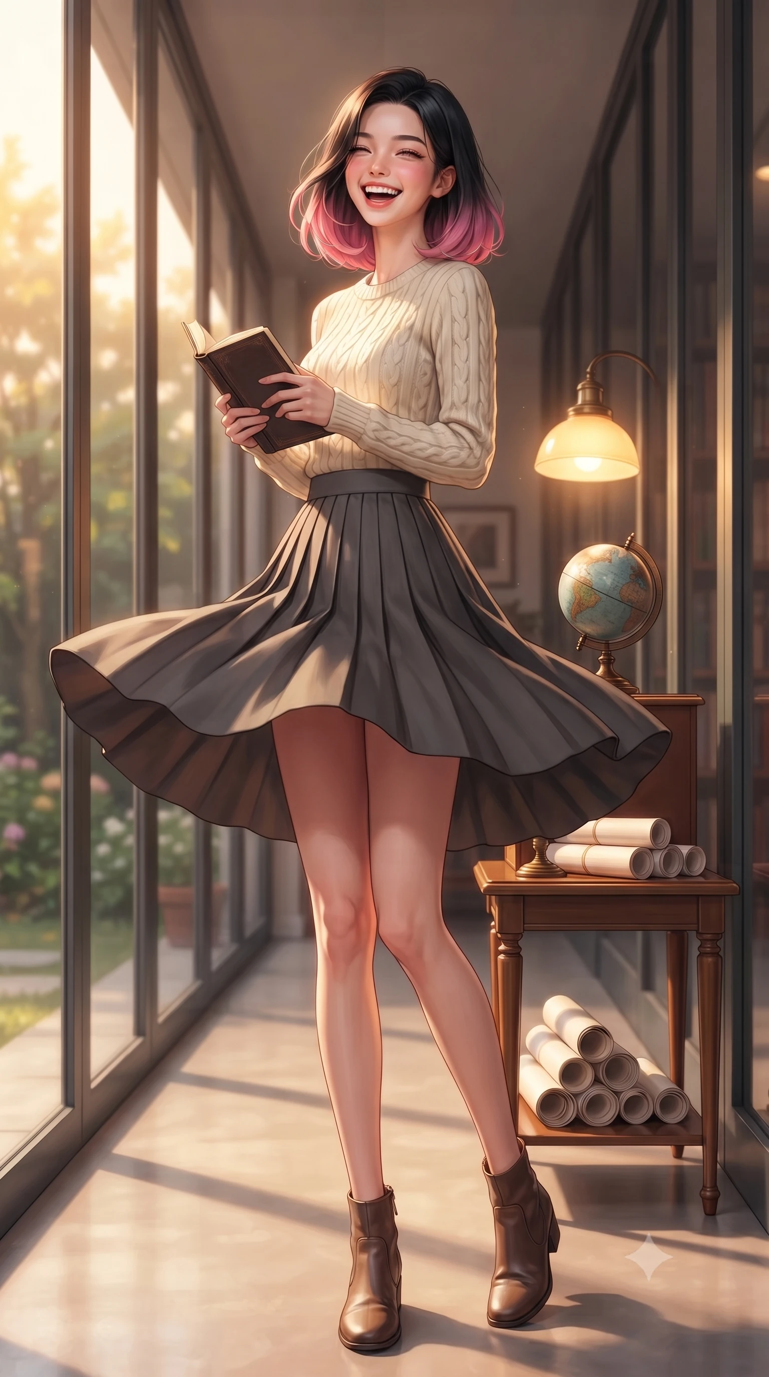 score_9, masterpiece, best quality, ultra-detailed, high-budget anime keyframe, editorial fashion photography, tasteful artistic composition, Korean woman. low angle full-body shot from head to toe showing her feet, filling the entire 9:16 vertical frame with her statuesque presence, stretching her vertical silhouette. twirling around with a playful, cute laugh, her skirt billowing beautifully in the air set against a soft-focus background of in a quiet library corridor with glass panels showing a peaceful garden outside with a small desk globe and paper rolls arranged on the study table. She has an absolutely perfect, statuesque 8.5-heads proportion, an exceptionally tall and slender model-like female figure with impossibly long slender legs and an ultra-slim waist. sharp v-shaped jawline, high-bridge nose, intricate jewel-like eyes with depth, thick eyelashes, glossy lips with a natural sheen. wearing form-contouring preppy cable-knit sweater in cream, paired with a pleated midi skirt in charcoal. soft reading lamp light casting a warm, concentrated golden glow on her book. highly saturated vibrant anime colors, detailed shading with soft gradients, rich glossy textures, high-contrast stereoscopic depth, volumetric dynamic lighting, master piece, 9:16 ratio