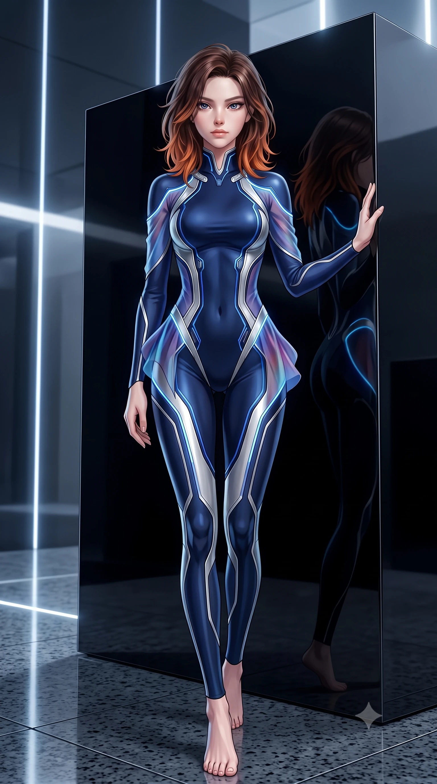 score_9, masterpiece, best quality, ultra-detailed, high-budget anime keyframe, editorial fashion photography, tasteful artistic composition, Korean woman. low angle full-body shot from head to toe showing her feet, filling the entire 9:16 vertical frame with her statuesque presence, stretching her vertical silhouette. striding forward with commanding supermodel grace, her 8.5-heads statuesque silhouette dominating the vertical frame from head to toe while leaning against a monolithic mirror-polished obsidian block with a haughty, captivating gaze into the lens. The surrounding environment is rendered in vivid detail and crisp panoramic clarity. sharp obsidian stone edge reflections, distinct laser beam filament shafts, and granite floor reflections in deep focus. She has an absolutely perfect, statuesque 8.5-heads proportion, an exceptionally tall and slender model-like female figure with impossibly long slender legs, a toned flat midriff, and an ultra-slim waist. sharp v-shaped jawline, high-bridge nose, intricate jewel-like eyes with depth, thick eyelashes, glossy lips with a natural sheen, flawlessly proportioned anatomical accuracy, strict slender model proportions, natural body alignment, perfectly sculpted long slender limbs, ultra-slim waistline, clean dynamic posture without body distortion. wearing a statuesque midnight cobalt and polished platinum bodysuit featuring sleek aerodynamic contour lines and glowing circuit accents in liquid platinum silver and deep sapphire blue LED filaments, made of smooth flowing silk chiffon that shifts colors with movement, accented with glowing fiber-optic seams tracing her collarbones and hip curves, the form-contouring material adhering flawlessly to her sculpted flat midriff and slender torso, emphasizing her long leg lines and perfectly proportioned willowy build. surrounded by an ultra-chic, commanding, and fiercely magnetic cyber-sovereign atmosphere. ultra-reflective glossy finish, specular highlights, dark metallic sheen, high-contrast stereoscopic depth, volumetric dynamic lighting, 2k, ultra detail, master piece, 9:16 ratio