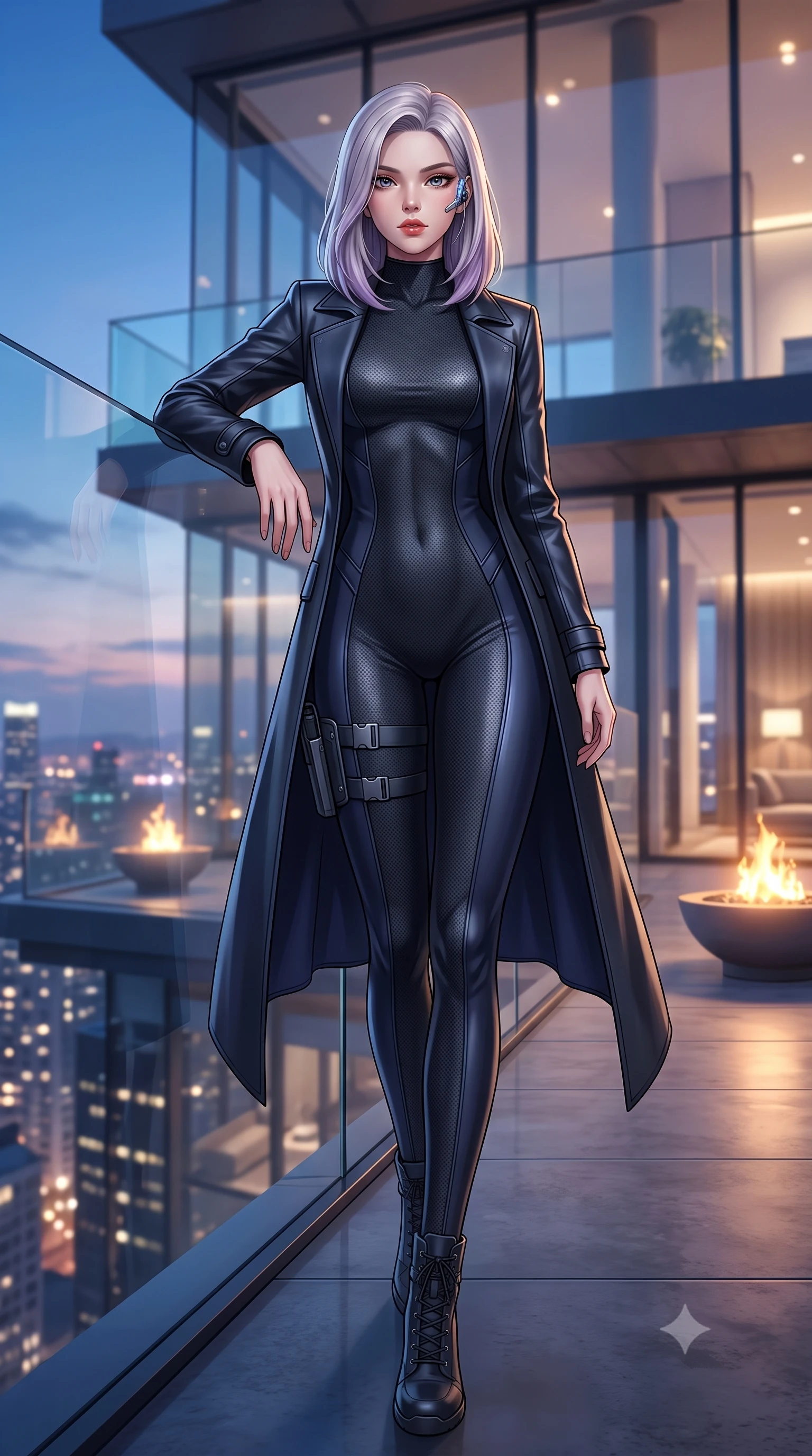 score_9, masterpiece, best quality, ultra-detailed, high-budget anime keyframe, semi-realistic 3D game render, editorial fashion photography, tasteful artistic composition, Caucasian woman. low angle full-body shot from head to toe showing her feet, filling the entire 9:16 vertical frame with her statuesque presence, stretching her vertical silhouette. striding forward in a proud, dynamic supermodel runway stride, her statuesque vertical silhouette commanding the entire frame while leaning against the seamless glass barrier of an ultra-luxury penthouse terrace overlooking a sparkling city skyline at dusk. The composition keeps background elements in soft focus with creamy bokeh. penthouse glass architecture and glowing rooftop fire pits softened in cinematic shallow depth of field. She has an absolutely perfect, statuesque 8.5-heads proportion, an exceptionally tall and slender model-like female figure with impossibly long slender legs, a toned flat midriff, and an ultra-slim waist. sharp v-shaped jawline, high-bridge nose, intricate jewel-like eyes with depth, thick eyelashes, glossy lips with a natural sheen, captivating and magnetic expression, flawlessly proportioned anatomical accuracy, strict slender model proportions, natural body alignment, perfectly sculpted long slender limbs, ultra-slim waistline, clean dynamic posture without body distortion. wearing a sleek second-skin dark carbon-weave infiltration catsuit paired with a tailored long leather trench coat in stealth obsidian black and midnight navy, crafted from flexible ballistic matte leather and ultra-sleek stretch neoprene, equipped with a minimalist titanium leg holster and smart holographic earpiece edition #18, the sleek tailored cut tightly hugging her graceful clavicle, narrow waist, and feminine curves with statuesque precision. surrounded by a cosmopolitan, elite, and intensely magnetic modern royalty aura. highly saturated vibrant anime colors, detailed shading with soft gradients, rich glossy textures, high-contrast stereoscopic depth, volumetric dynamic lighting, master piece, 9:16 ratio