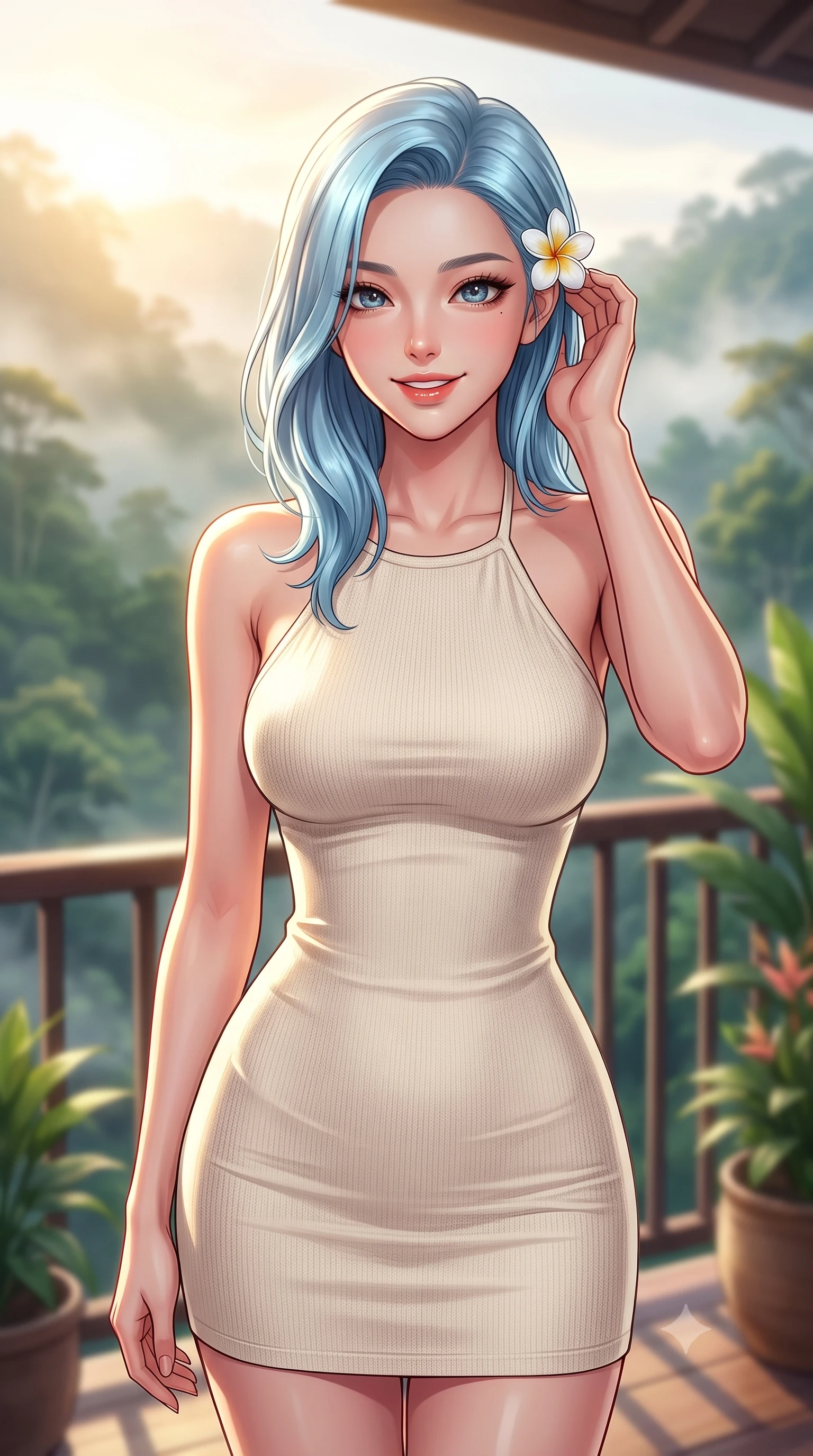 score_9, masterpiece, best quality, ultra-detailed, high-budget anime keyframe, editorial fashion photography, tasteful artistic composition, Korean woman. close-up cowboy shot from the waist and thighs up, the character dominates the composition, filling the frame with her large presence, background elements kept in soft focus. smiling cutely while gently brushing a strand of hair behind her ear set against a soft-focus background of on a scenic resort balcony overlooking a misty valley of tropical forest holding a delicate white flower behind her ear with a lovely, cheerful look. She has an exceptionally elegant, slender, and willowy female figure with an ultra-slim waist, a gracefully sculpted slender torso, and a refined silhouette. sharp v-shaped jawline, high-bridge nose, intricate jewel-like eyes with depth, thick eyelashes, glossy lips with a natural sheen. wearing tailored sleek, tight-fitting knit halter dress in cream, tracing her slender silhouette. soft morning mist diffusing the warm sunlight, creating a peaceful wash. highly saturated vibrant anime colors, detailed shading with soft gradients, rich glossy textures, high-contrast stereoscopic depth, volumetric dynamic lighting, master piece, 9:16 ratio