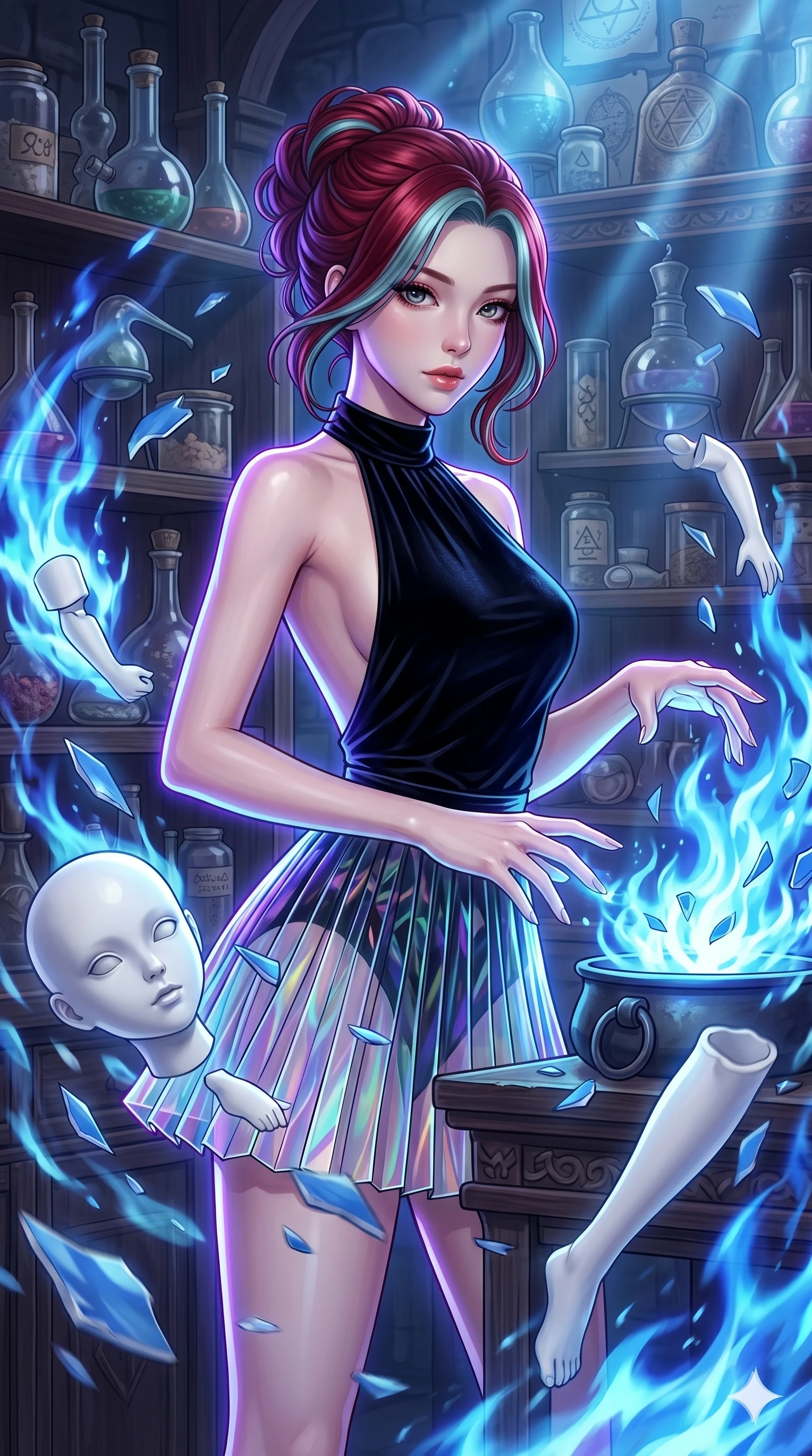 score_9, masterpiece, best quality, ultra-detailed, high-budget anime keyframe, Japanese woman. upper body close-up from the thighs up, character filling the screen for maximum presence. assisting in an alchemical porcelain workshop where floating white bisque doll parts and blue porcelain shards swirl amidst blue alchemical flames. She has an absolutely perfect 8-heads proportion, an exceptionally tall and slender female figure with impossibly long slender legs and an ultra-slim waist. V-shaped jawline, high-bridge nose, intricate jewel-like eyes with depth, thick eyelashes, glossy lips with a natural sheen.. wearing a fractal glass pleated skirt and a backless black velvet halter neck top, creating a dramatic and elegant silhouette. bathed in brilliant cinematic volumetric lighting and intense neon rim light highlighting her slender form. 2k, ultra detail, master piece, 9:16 ratio
