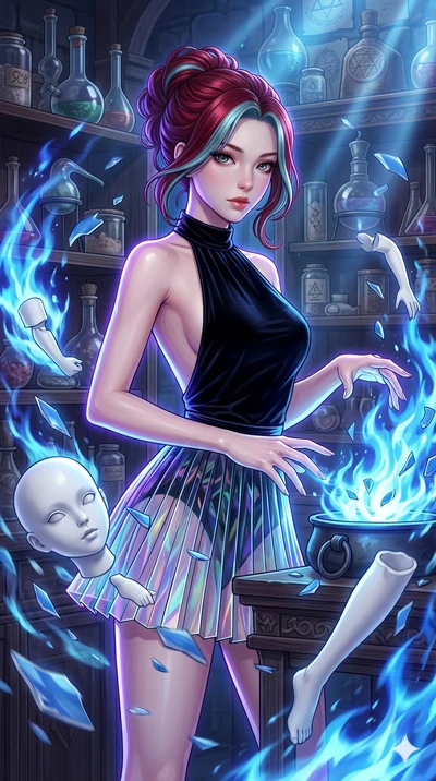 score_9, masterpiece, best quality, ultra-detailed, high-budget anime keyframe, Japanese woman. upper body close-up from the thighs up, character filling the screen for maximum presence. assisting in an alchemical porcelain workshop where floating wh
