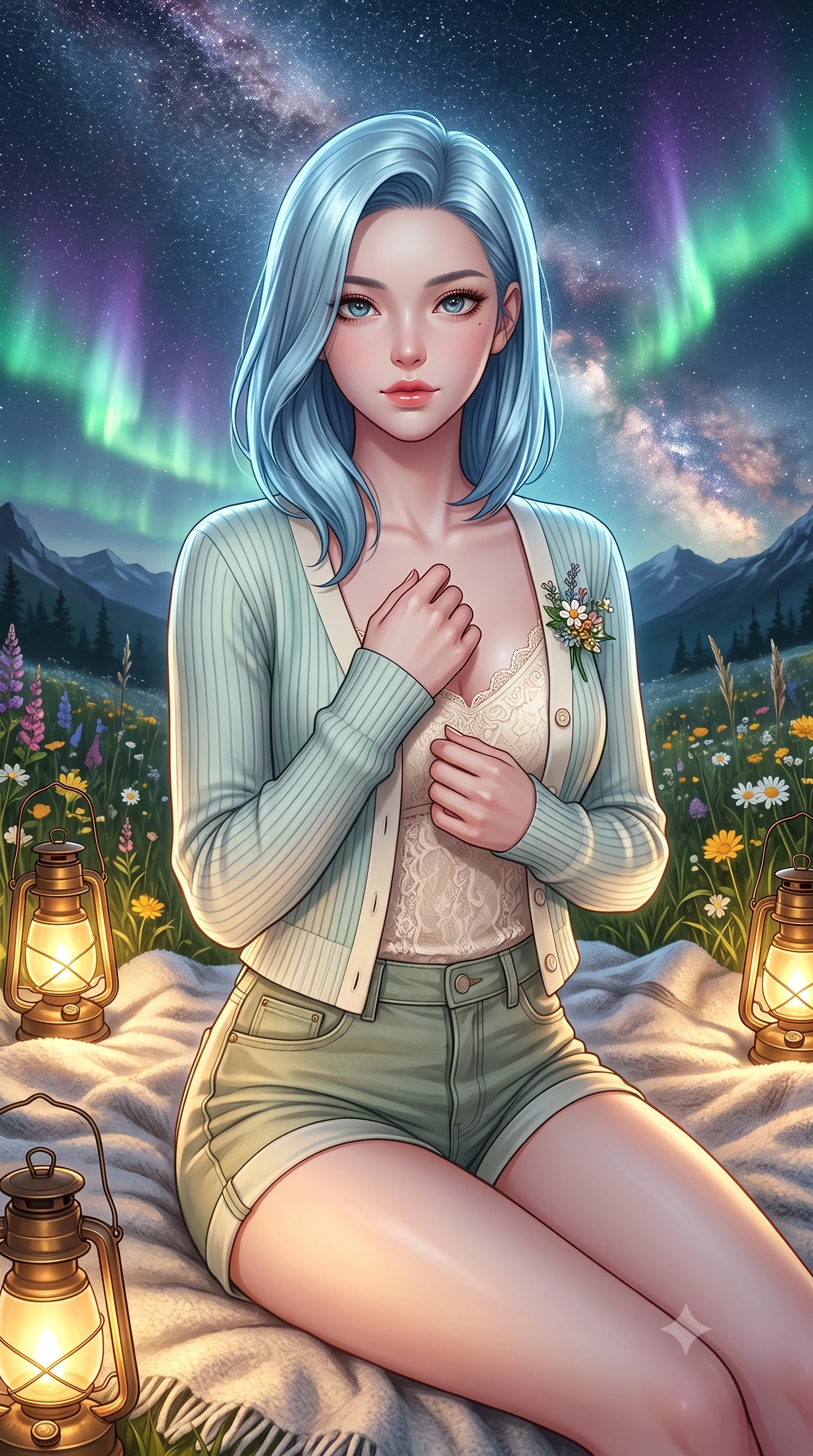 score_9, masterpiece, best quality, ultra-detailed, high-budget anime keyframe, semi-realistic 3D game render, editorial fashion photography, tasteful artistic composition, Korean woman. close-up cowboy shot from the waist and thighs up, the character dominates the composition, filling the frame with her large presence. holding her hands loosely near her heart with an enchanting, affectionate gaze looking directly into the lens while sitting comfortably on a soft wool blanket in a high alpine meadow, gazing up at the brilliant Milky Way with sparkling eyes. The surrounding environment is rendered in vivid detail and crisp panoramic clarity. transcendent nocturnal chiaroscuro and vast cosmic wilderness beauty captured with celestial sharpness. She has an exceptionally elegant, slender, and willowy female figure with an ultra-slim waist, a gracefully sculpted slender torso, toned flat midriff, and a refined slim silhouette. sharp v-shaped jawline, high-bridge nose, intricate jewel-like eyes with depth, thick eyelashes, glossy lips with a natural sheen, pure and lovely fresh girlhood expression, flawlessly proportioned anatomical accuracy, strict slender model proportions, natural body alignment, perfectly sculpted long slender limbs, ultra-slim waistline, clean dynamic posture without body distortion. wearing a soft pastel ribbed knit cardigan worn over a delicate cream lace camisole and light-wash denim shorts in muted olive green and ivory cotton, tailored from soft pastel lightweight wool blend with subtle texture, complemented by a delicate wildflower corsage pinned to the lapel, the breezy lightweight fabric fluttering softly against her delicate collarbones, narrow waist, and feminine curves. bathed in dancing emerald and violet aurora glow combined with warm golden brass lantern uplights. highly saturated vibrant anime colors, detailed shading with soft gradients, rich glossy textures, high-contrast stereoscopic depth, volumetric dynamic lighting, master piece, 9:16 ratio
