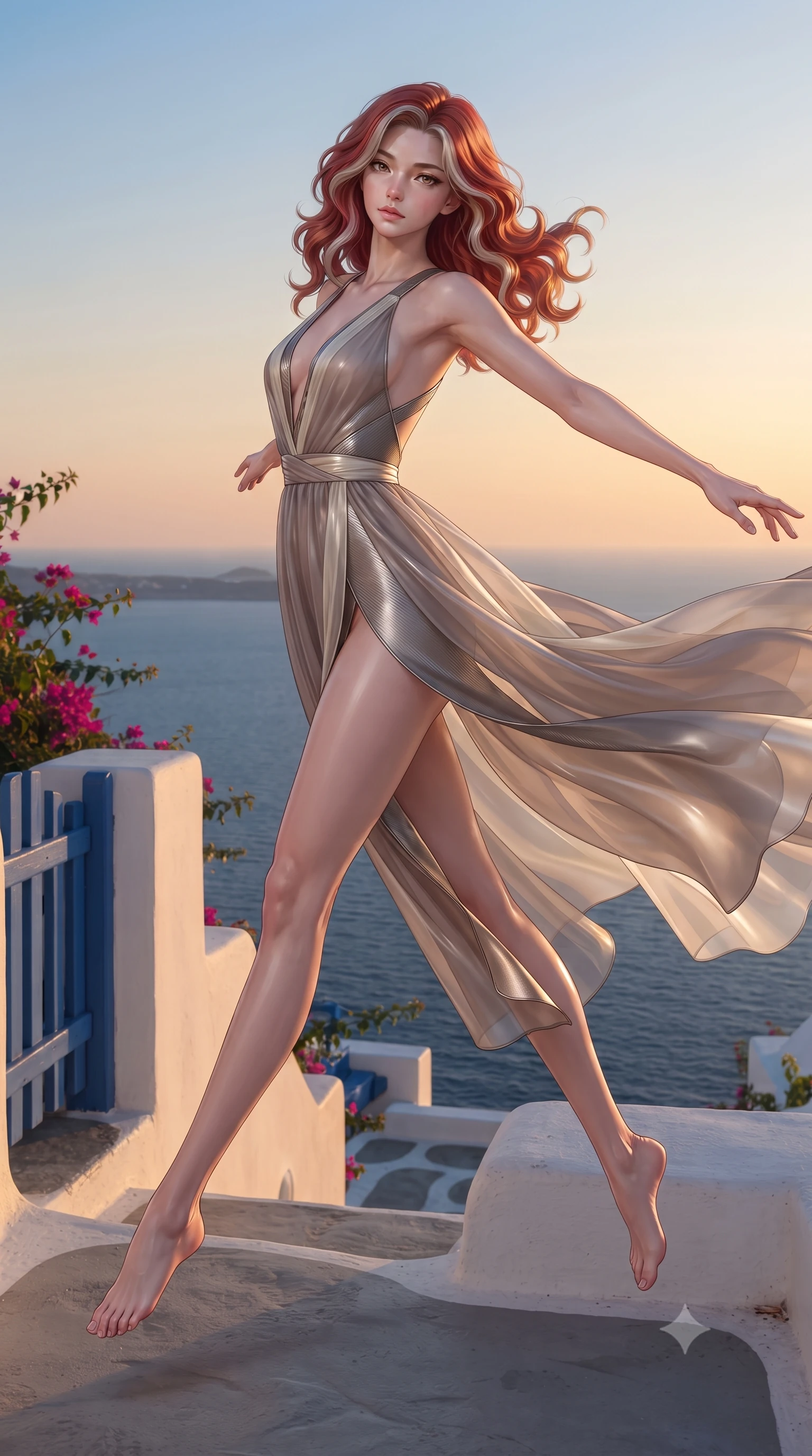 score_9, masterpiece, best quality, ultra-detailed, high-budget anime keyframe, editorial fashion photography, tasteful artistic composition, Caucasian woman. low angle full-body shot from head to toe showing her feet, filling the entire 9:16 vertical frame with her statuesque presence, stretching her vertical silhouette. leaping gracefully through the environment with statuesque elegance and long slender legs standing on a whitewashed stone terrace overlooking the deep blue Aegean sea, warm golden evening light painting the horizon in peach and amber tones. She has an absolutely perfect, statuesque 8.5-heads proportion, an exceptionally tall and slender model-like female figure with impossibly long slender legs and an ultra-slim waist. sharp v-shaped jawline, high-bridge nose, intricate jewel-like eyes with depth, thick eyelashes, glossy lips with a natural sheen. wearing a translucent iridescent chiffon gown with a plunging neckline and open back in muted taupe and soft ivory, made of fine carbon-fiber weave and soft matte leather, complemented by criss-cross back straps highlighting her bare shoulders, the glove-like fit emphasizing her statuesque silhouette. bathed in bright white Mediterranean sunbeams and deep blue sky reflections. ultra-reflective glossy finish, specular highlights, metallic sheen, high-contrast stereoscopic depth, volumetric dynamic lighting, 2k, ultra detail, master piece, 9:16 ratio