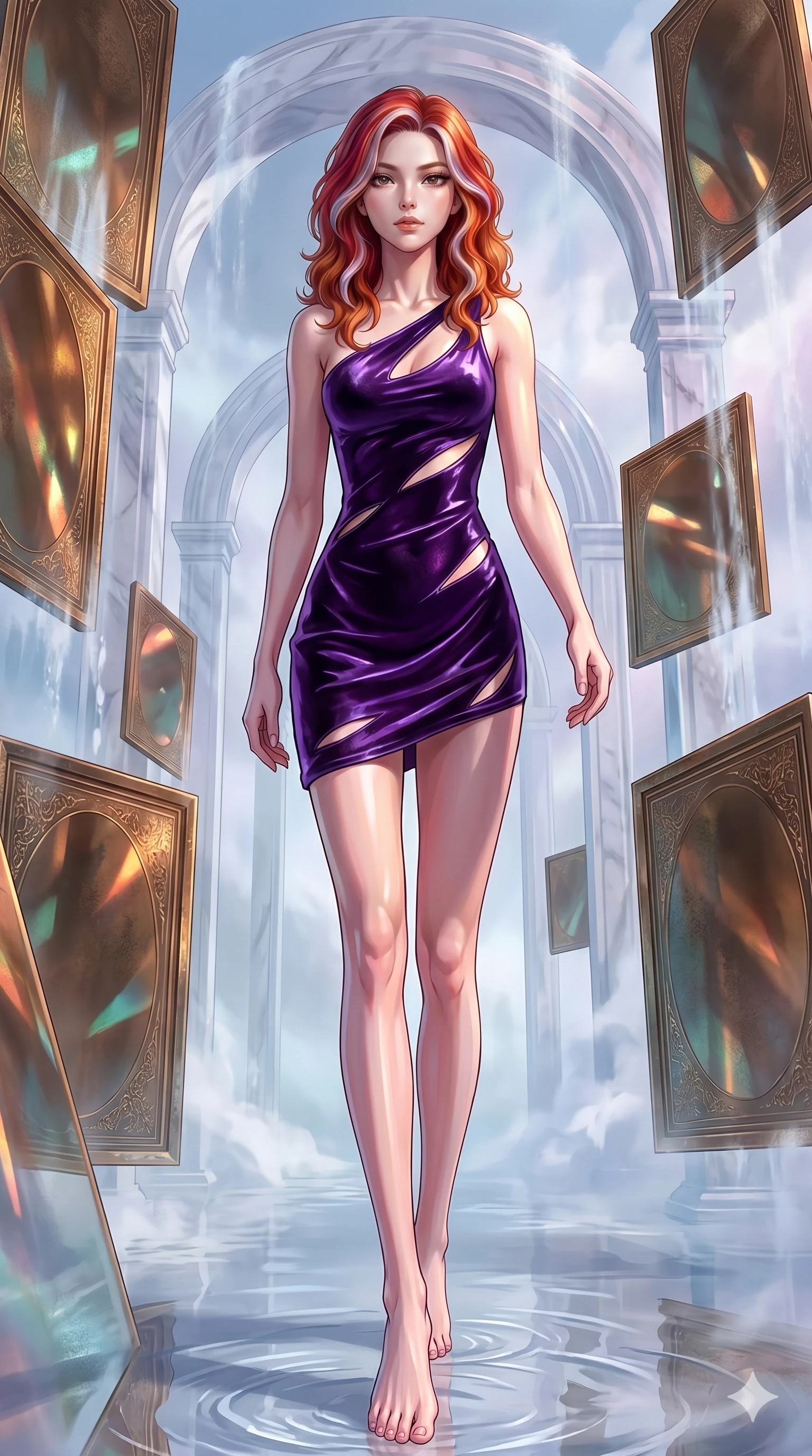 score_9, masterpiece, best quality, ultra-detailed, high-budget anime keyframe, Caucasian woman, strictly human ears. low angle full-body shot filling the entire 9:16 frame with her statuesque presence, stretching the vertical silhouette. wandering through a mirage cloud cathedral of translucent marble and water mist, surrounded by floating ancient bronze mirror walls. She has an absolutely perfect 8-heads proportion, an exceptionally tall and slender female figure with impossibly long slender legs and an ultra-slim waist. V-shaped jawline, high-bridge nose, intricate jewel-like eyes with depth, thick eyelashes, glossy lips with a natural sheen.. wearing an asymmetric liquid velvet slip dress, featuring a wet-look deep purple velvet one-shoulder mini slip with slanted slashed cutouts. accented by dynamic color-blocked lighting with high-contrast shadows emphasizing her statuesque height. 2k, ultra detail, master piece, 9:16 ratio