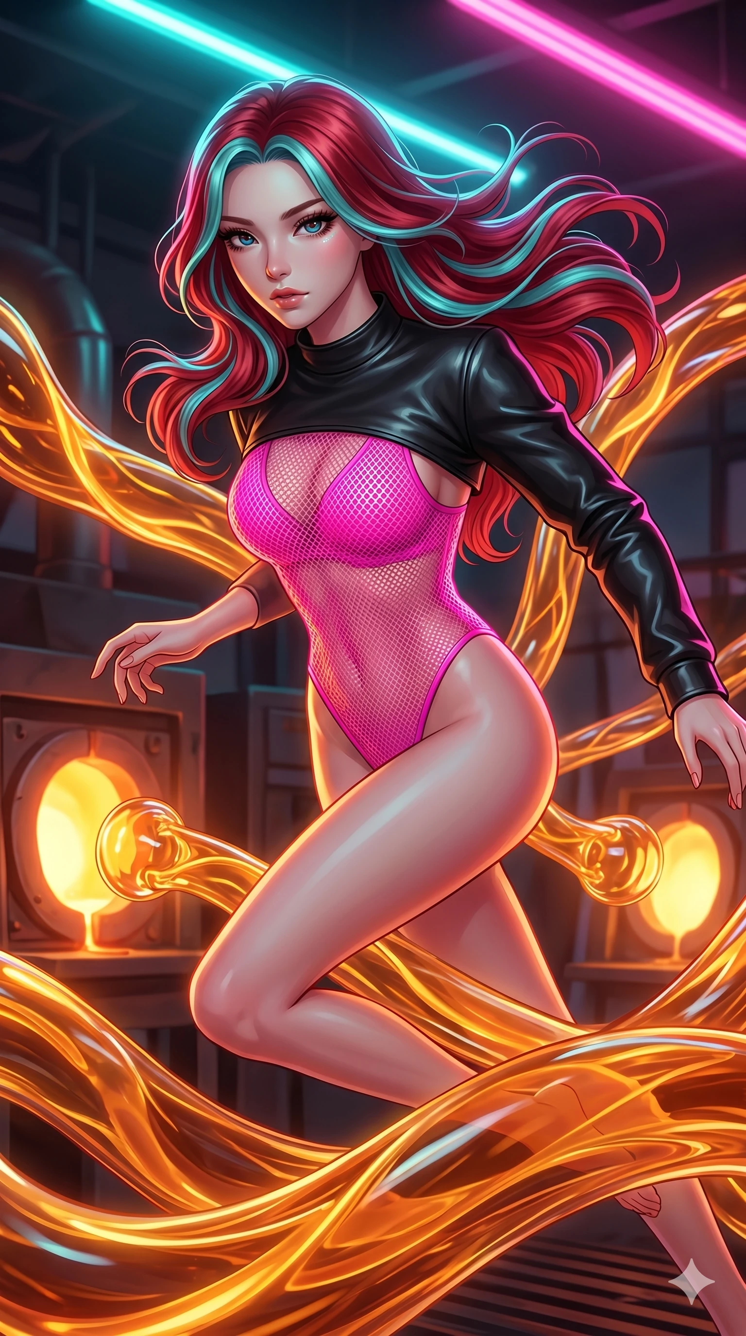 score_9, masterpiece, best quality, ultra-detailed, high-budget anime keyframe, Japanese woman. upper body close-up from the thighs up, character filling the screen for maximum presence. bounding through a molten glass art studio where twisting, glowing amber glass tubes rotate like fluid rivers in a heated environment. She has an absolutely perfect 8-heads proportion, an exceptionally tall and slender female figure with impossibly long slender legs and an ultra-slim waist. V-shaped jawline, high-bridge nose, intricate jewel-like eyes with depth, thick eyelashes, glossy lips with a natural sheen.. wearing a fluorescent pink mesh bodysuit, styled with a cropped single-sleeve black leather shrug for a bold stage look. bathed in brilliant cinematic volumetric lighting and intense neon rim light highlighting her slender form. 2k, ultra detail, master piece, 9:16 ratio