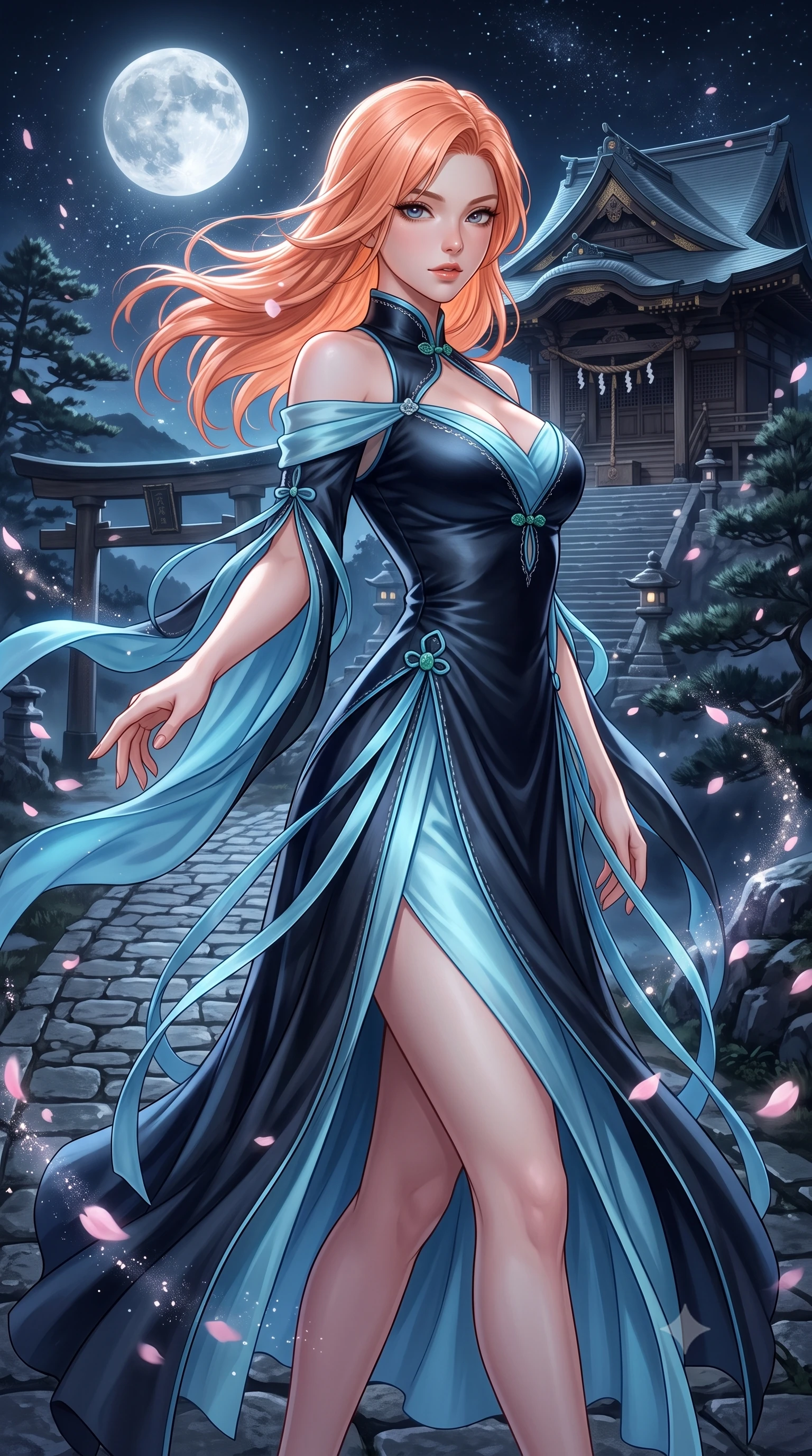 score_9, masterpiece, best quality, ultra-detailed, high-budget anime keyframe, semi-realistic 3D game render, editorial fashion photography, tasteful artistic composition, Japanese woman. close-up cowboy shot from the waist and thighs up, the character dominates the composition, filling the frame with her large presence. extending one slender arm gracefully toward the foreground while casting an affectionate, mesmerizing glance while stepping along the mountain crest path as wind whips cherry blossom petals and stardust around her statuesque silhouette. The surrounding environment is rendered in vivid detail and crisp panoramic clarity. mystical nocturnal chiaroscuro and sacred high-altitude mountain shrine grandeur captured with sharpness. She has an exceptionally elegant, slender, and willowy female figure with an ultra-slim waist, a gracefully sculpted slender torso, toned flat midriff, and a refined slim silhouette. sharp v-shaped jawline, high-bridge nose, intricate jewel-like eyes with depth, thick eyelashes, glossy lips with a natural sheen, captivating and magnetic expression, flawlessly proportioned anatomical accuracy, strict slender model proportions, natural body alignment, perfectly sculpted long slender limbs, ultra-slim waistline, clean dynamic posture without body distortion. wearing a celestial lotus-inspired layered chiffon gown with an exposed clavicle bodice in dark ink-wash black and radiant moonlight cyan, tailored from traditional lustrous satin with delicate hand-stitched borders, finished with genuine jade button closures and floating celestial silk ribbons, the liquid-tight tailored fabric emphasizing every curve of her tall, slender model proportions and sculptured silhouette during dynamic movement. surrounded by a divine, mystical, and spiritually transcendent shrine maiden sovereign aura. highly saturated vibrant anime colors, detailed shading with soft gradients, rich glossy textures, high-contrast stereoscopic depth, volumetric dynamic lighting, master piece, 9:16 ratio