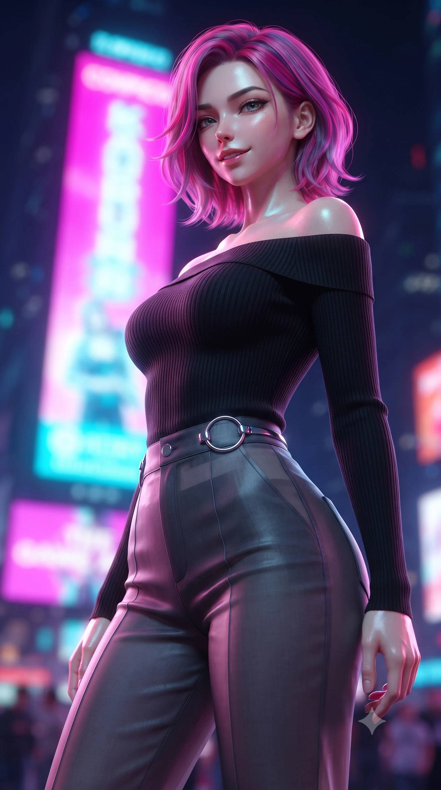 score_9, masterpiece, best quality, ultra-detailed, high-budget anime keyframe, editorial fashion photography, tasteful artistic composition, Caucasian woman. close-up cowboy shot from the waist and thighs up, the character dominates the composition, filling the frame with her large presence, background elements kept in soft focus. Glancing sidelong over her shoulder with a smoldering half-smile and heavy lashes poised under a towering neon billboard emitting vibrant magenta and cyan light, dense holographic advertisements casting dynamic colorful shadows. She has an exceptionally elegant, slender, and willowy female figure with an ultra-slim waist, a gracefully sculpted slender torso, and a refined silhouette. sharp v-shaped jawline, high-bridge nose, intricate jewel-like eyes with depth, thick eyelashes, glossy lips with a natural sheen. wearing a sleek off-shoulder ribbed knit top paired with high-waist tailored pants in charcoal grey and platinum, woven from fine semi-opaque sheer organza, accented with delicate chrome ring hardware framing her waist, the tailored fabric tightly following every curve of her athletic build. illuminated by brilliant holographic glow and glistening wet speculars. ultra-reflective glossy finish, specular highlights, metallic sheen, high-contrast stereoscopic depth, volumetric dynamic lighting, 2k, ultra detail, master piece, 9:16 ratio