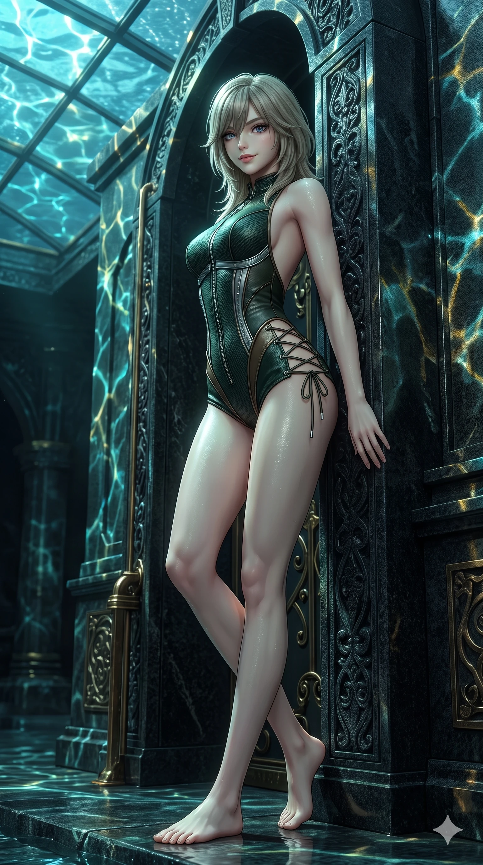 score_9, masterpiece, best quality, ultra-detailed, high-budget anime keyframe, semi-realistic 3D game render, editorial fashion photography, tasteful artistic composition, Japanese woman. low angle full-body shot from head to toe showing her feet, filling the entire 9:16 vertical frame with her statuesque presence, stretching her vertical silhouette. navigating the midnight sanctuary with an effortless, graceful stride, hips swaying in an alluring sensual rhythm while leaning against the monumental black granite crypt portal with hips cocked back, looking through dark wet eyelashes with an enchanting siren smile. The surrounding environment is rendered in vivid detail and crisp panoramic clarity: sharp structural glass ceiling beams, water caustics patterns on polished granite, and bronze door fittings in deep focus. She has an absolutely perfect, statuesque 8.5-heads proportion, an exceptionally tall and slender model-like female figure with impossibly long slender legs, an ultra-slim waist, a flat toned midriff, narrow delicate ribcage, and beautifully sculpted feminine hips creating a graceful, slim hourglass silhouette without any bulky heaviness. sharp v-shaped jawline, high-bridge nose, intricate jewel-like dark sparkling eyes with hypnotic seductive depth, thick curled eyelashes, glossy parted lips with a natural wine sheen, alluring bedroom-eyes with an enigmatic smoldering smile, exuding magnetic sovereign charisma and dark avant-garde glamour, flawlessly proportioned anatomical accuracy, strict slender model proportions, natural body alignment, perfectly sculpted long slender limbs, ultra-slim waistline, clean dynamic posture without body distortion. wearing a low-slung cutaway leather bodysuit with bare hip flanks and criss-cross cord ties in dark emerald green and antique bronze, woven from matte carbon-fiber weave with high-tech structural hold, finished with metallic silver boning and sleek zipper points, the precision-cut side openings and low-back scoop framing her graceful spine and the sensual sweep of her slim, toned hips. bathed in mesmerizing aquatic turquoise and gold light caustics filtering down through the transparent ceiling pool. highly saturated vibrant anime colors, detailed shading with soft gradients, rich glossy textures, high-contrast stereoscopic depth, volumetric dynamic lighting, master piece, 9:16 ratio