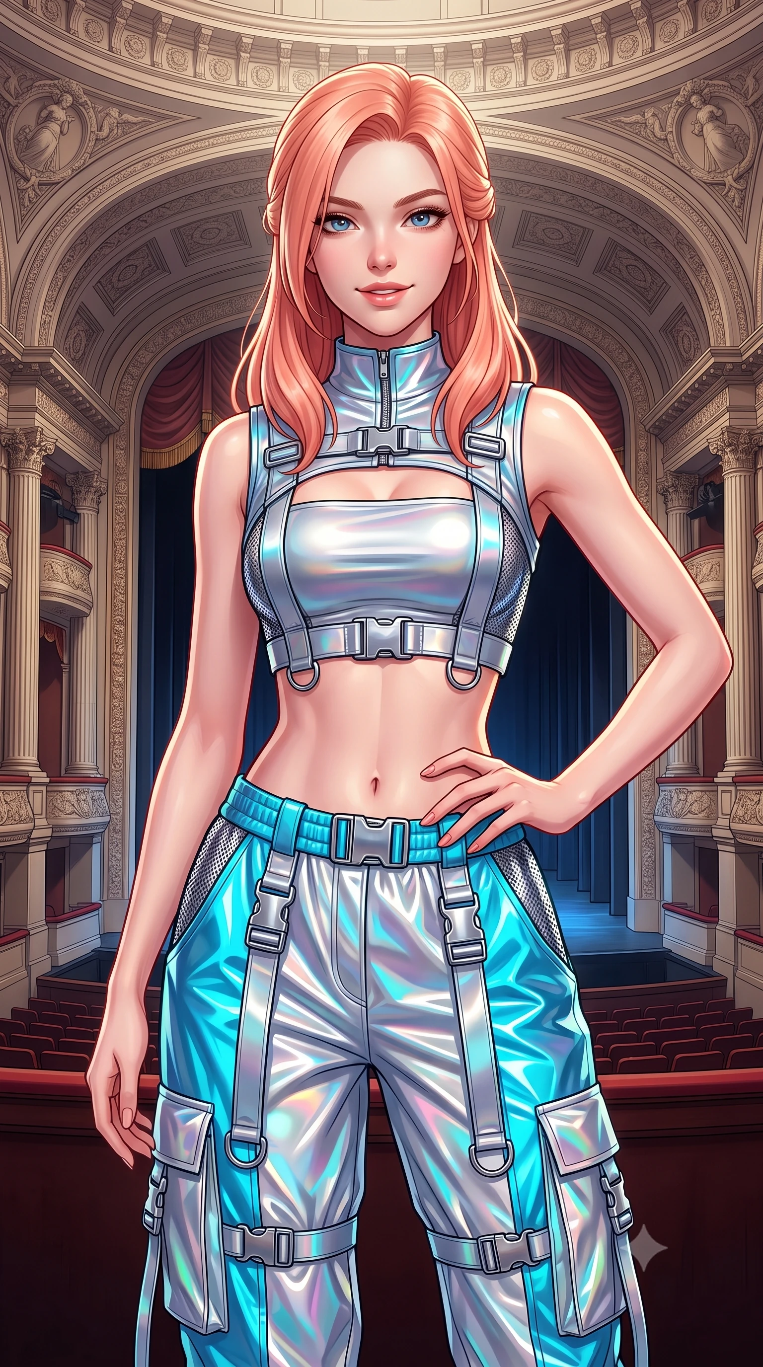 score_9, masterpiece, best quality, ultra-detailed, high-budget anime keyframe, semi-realistic 3D game render, editorial fashion photography, tasteful artistic composition, Japanese woman. close-up cowboy shot from the waist and thighs up, the character dominates the composition, filling the frame with her large presence. smiling with subtle, enchanting allure and glossy parted lips, one hand resting on her waist with effortless supermodel poise while arching her spine in a fluid, regal posture while casting a mesmerizing, sovereign gaze into the lens. The surrounding environment is rendered in vivid detail and crisp panoramic clarity. high-contrast royal chiaroscuro and breathtaking neoclassical theater architecture rendered in precision. She has an exceptionally elegant, slender, and willowy female figure with an ultra-slim waist, a gracefully sculpted slender torso, toned flat midriff, and a refined slim silhouette. sharp v-shaped jawline, high-bridge nose, intricate jewel-like eyes with depth, thick eyelashes, glossy lips with a natural sheen, captivating and magnetic expression, flawlessly proportioned anatomical accuracy, strict slender model proportions, natural body alignment, perfectly sculpted long slender limbs, ultra-slim waistline, clean dynamic posture without body distortion. wearing a futuristic cropped tech-harness vest worn over a silver reflective tube top and high-rise metallic parachute cargo pants in holographic silver and electric cyan, crafted from high-gloss metallic ripstop nylon and flexible carbon mesh, detailed with heavy-duty chrome quick-release buckles and D-ring straps, the sleek tailored cut tightly hugging her graceful clavicle, narrow waist, and feminine curves with statuesque precision. illuminated by crisp directional key light defining her razor-sharp jawline and ultra-slim waist. highly saturated vibrant anime colors, detailed shading with soft gradients, rich glossy textures, high-contrast stereoscopic depth, volumetric dynamic lighting, master piece, 9:16 ratio