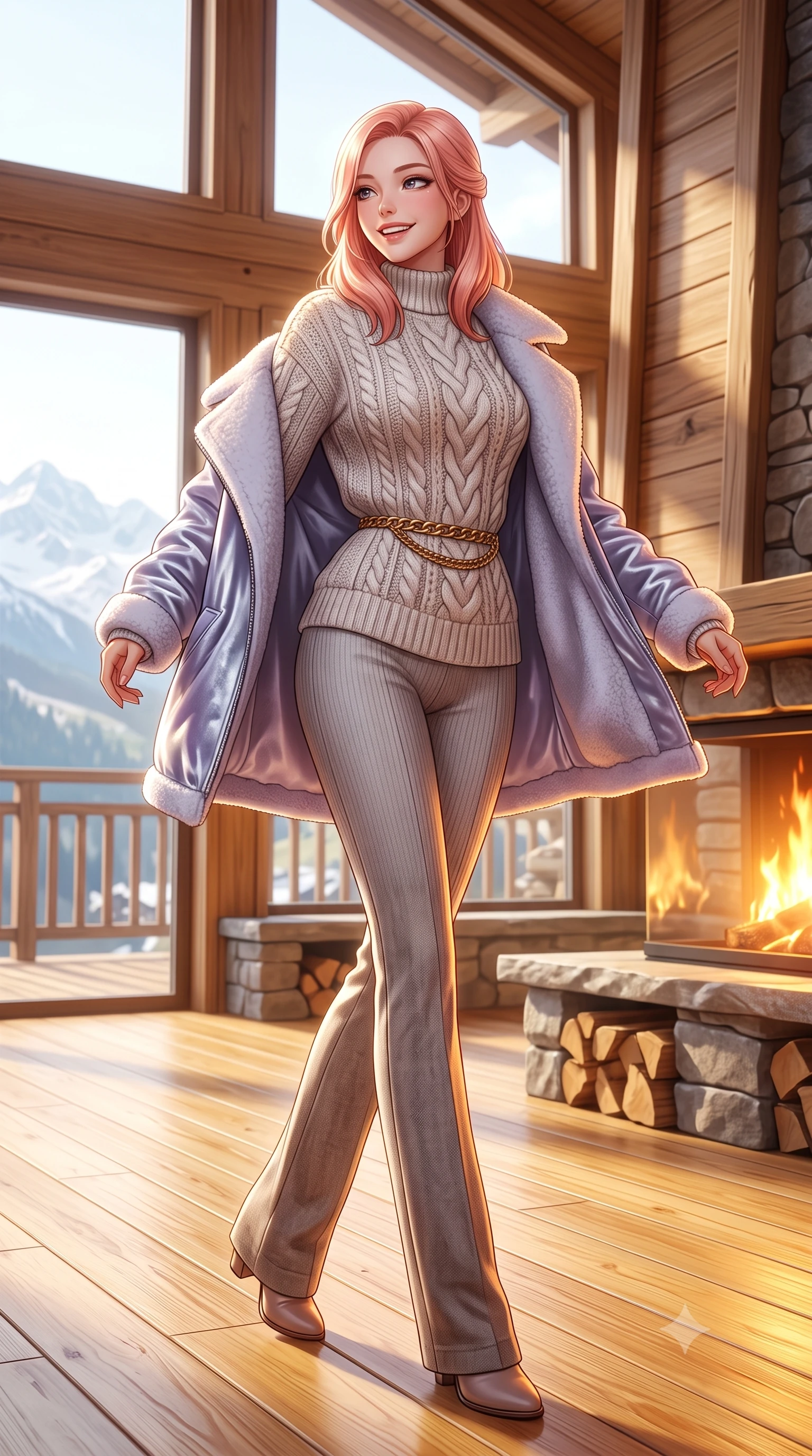 score_9, masterpiece, best quality, ultra-detailed, high-budget anime keyframe, semi-realistic 3D game render, editorial fashion photography, tasteful artistic composition, Japanese woman. low angle full-body shot from head to toe showing her feet, filling the entire 9:16 vertical frame with her statuesque presence, stretching her vertical silhouette. executing an elegant pivot turn as the hem of her form-fitting knit sways rhythmically, glancing back with joyful radiance and seductive allure while walking across the honey-toned pine floor toward the panoramic window, her chunky cable-knit sweater accentuating her slender waistline. The surrounding environment is rendered in vivid detail and crisp panoramic clarity: detailed chunky fisherman cable-knit sweater texture, brushed wool flannel slacks, and alpine lodge architecture in razor-sharp precision. She has an exceptionally tall and slender model-like 8.5-heads proportion, an ultra-slim waist, a flat toned midriff, narrow delicate ribcage, and beautifully sculpted feminine hips creating a graceful, slim hourglass silhouette without any bulky heaviness, with impossibly long slender legs. sharp v-shaped jawline, high-bridge nose, intricate jewel-like sparkling eyes with depth, thick eyelashes, glossy parted lips with a natural peach sheen, bright cheerful beaming smile with an enchanting and coquettish sensual glint, exuding both youthful cute charm and seductive allure, flawlessly proportioned anatomical accuracy, strict slender model proportions, natural body alignment, perfectly sculpted long slender limbs, ultra-slim waistline, clean dynamic posture without body distortion. wearing an ultra-snug ribbed merino wool catsuit jumpsuit tracing her long slender limbs and narrow waist under an open shearling jacket in frosted mountain lavender and shimmering ice silver, crafted from fluid liquid velvet offering rich tactile depth while adhering to her hourglass shape, finished with a sleek gold chain belt resting snugly across her narrow waist and curving hips, the body-conscious tailored knit hugging her sculpted torso and curvaceous hips in a seamless, fluid line that highlights her statuesque model proportions. bathed in the dramatic high-altitude Swiss mountain sunlight streaming through panoramic windows mixed with golden hearth firelight. highly saturated vibrant anime colors, detailed shading with soft gradients, rich glossy textures, high-contrast stereoscopic depth, volumetric dynamic lighting, master piece, 9:16 ratio